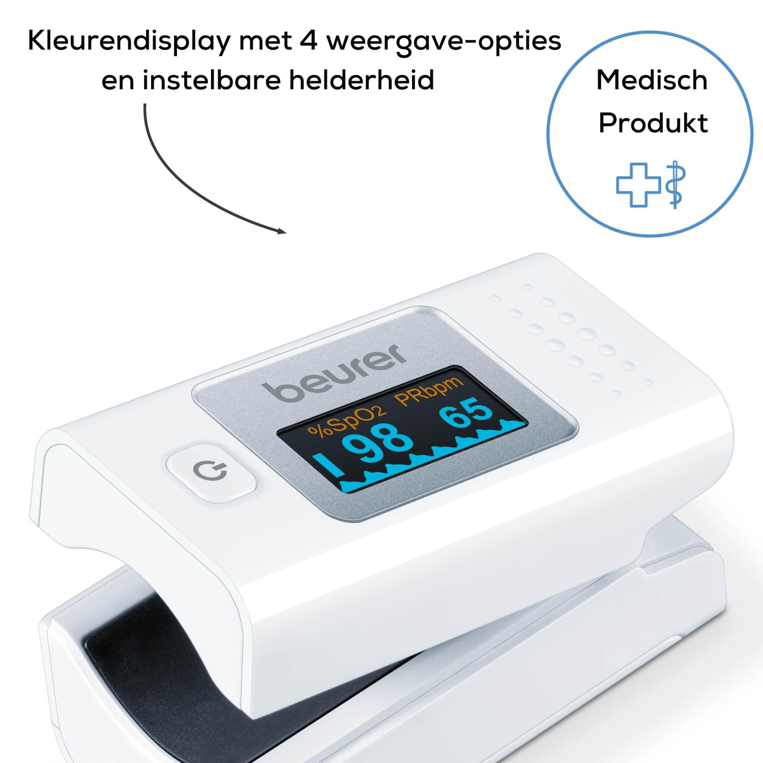 Een witte pols oximeter toont %SpO2 98 en PRbpm 65. Het heeft een blauw display, een aan/uit-knop en een label voor medisch product.