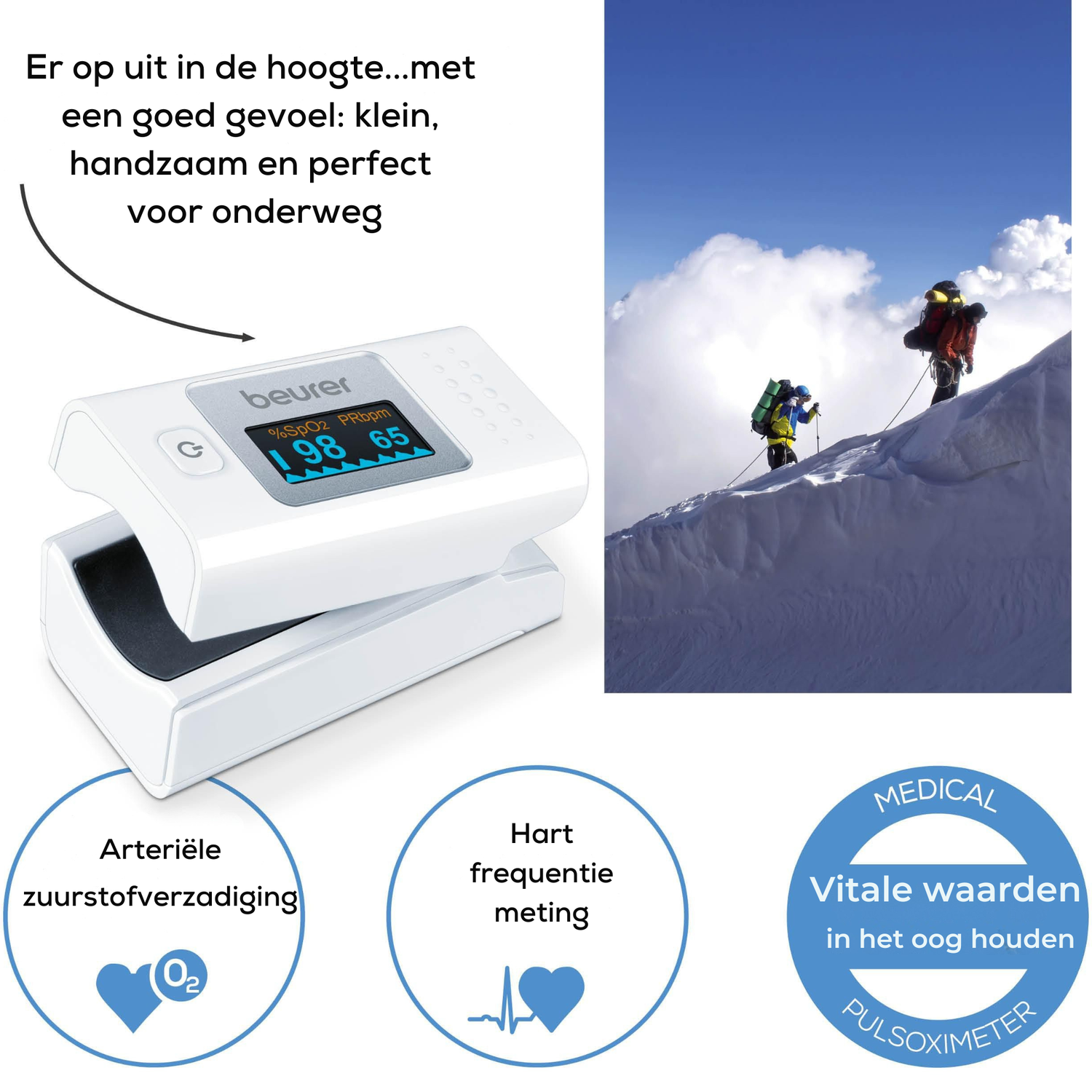 Een medisch apparaat toont zuurstofsaturatie. Klimmers beklimmen een besneeuwde berg. Tekst geeft aan dat het product perfect is voor onderweg.