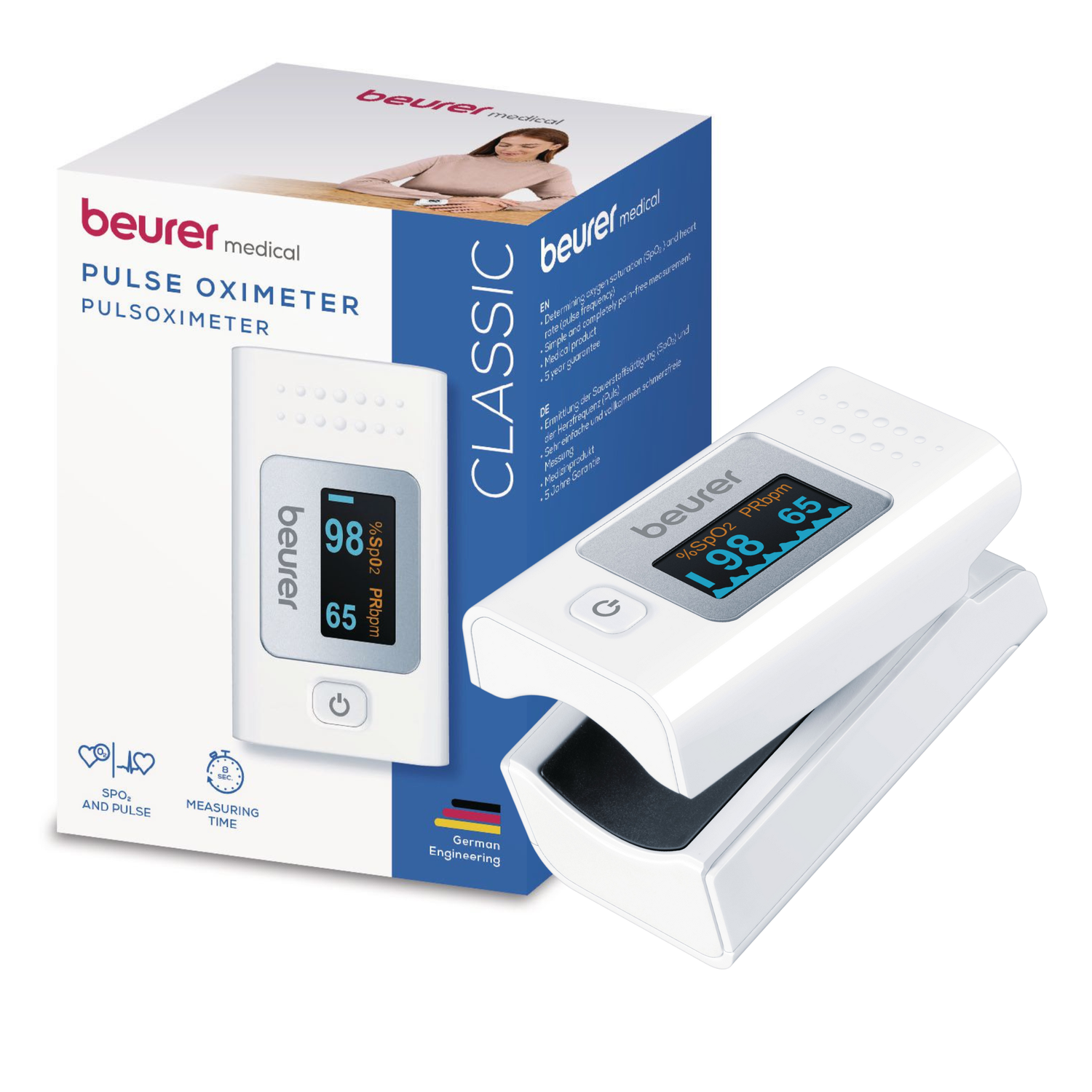 Een pulsoximeter en de doos. De oximeter toont metingen. De doos heeft merknaam en productdetails.