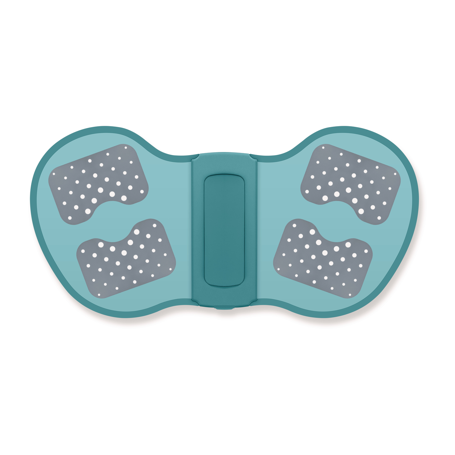 A teal butterfly-shaped device with four gray patches dotted with white circles, and a teal central bar on a white background.