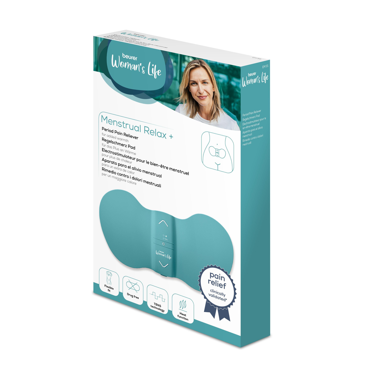 Box of 'Woman's Life' menstrual pain reliever. It features a woman's image, product details, and icons for features like heat and TENS.