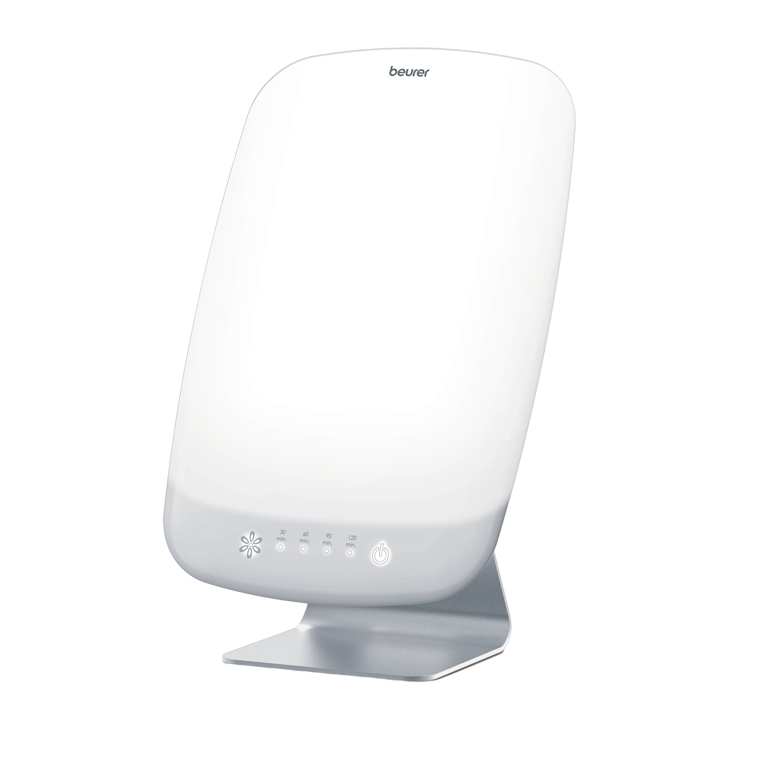Een witte Beurer lichttherapielamp. Het heeft een gebogen scherm, een basis met tijdinstelknoppen en een aan/uit-knop.
