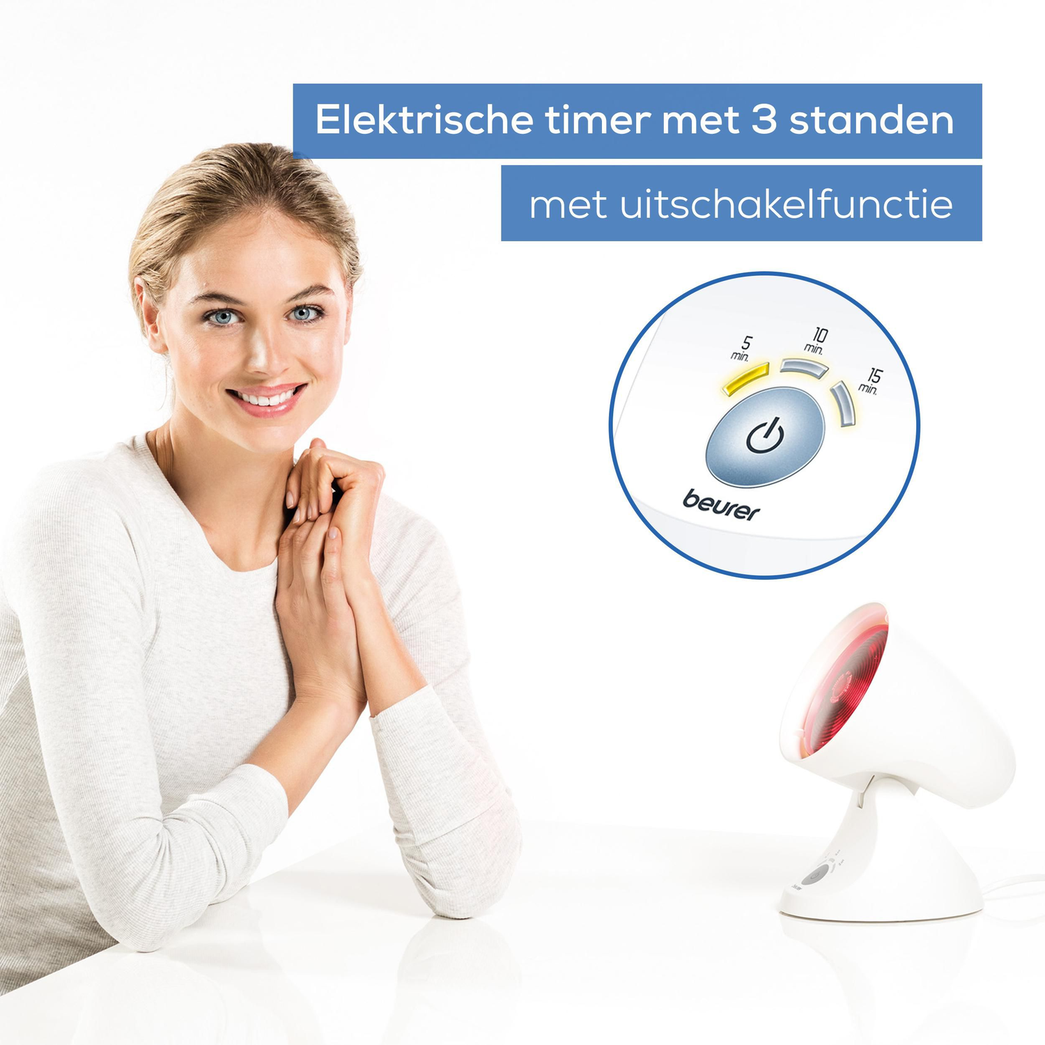 A woman smiles, beside a white timer and infrared lamp. Text reads 'Electric timer with 3 settings'. The timer has a power button.