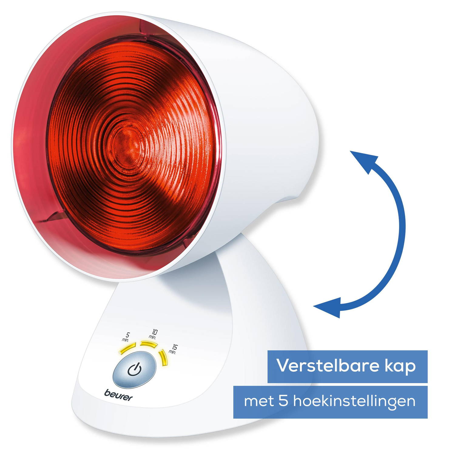 A white infrared lamp with a red lamp inside. It has a timer and adjustable head. The brand is 'beurer'.