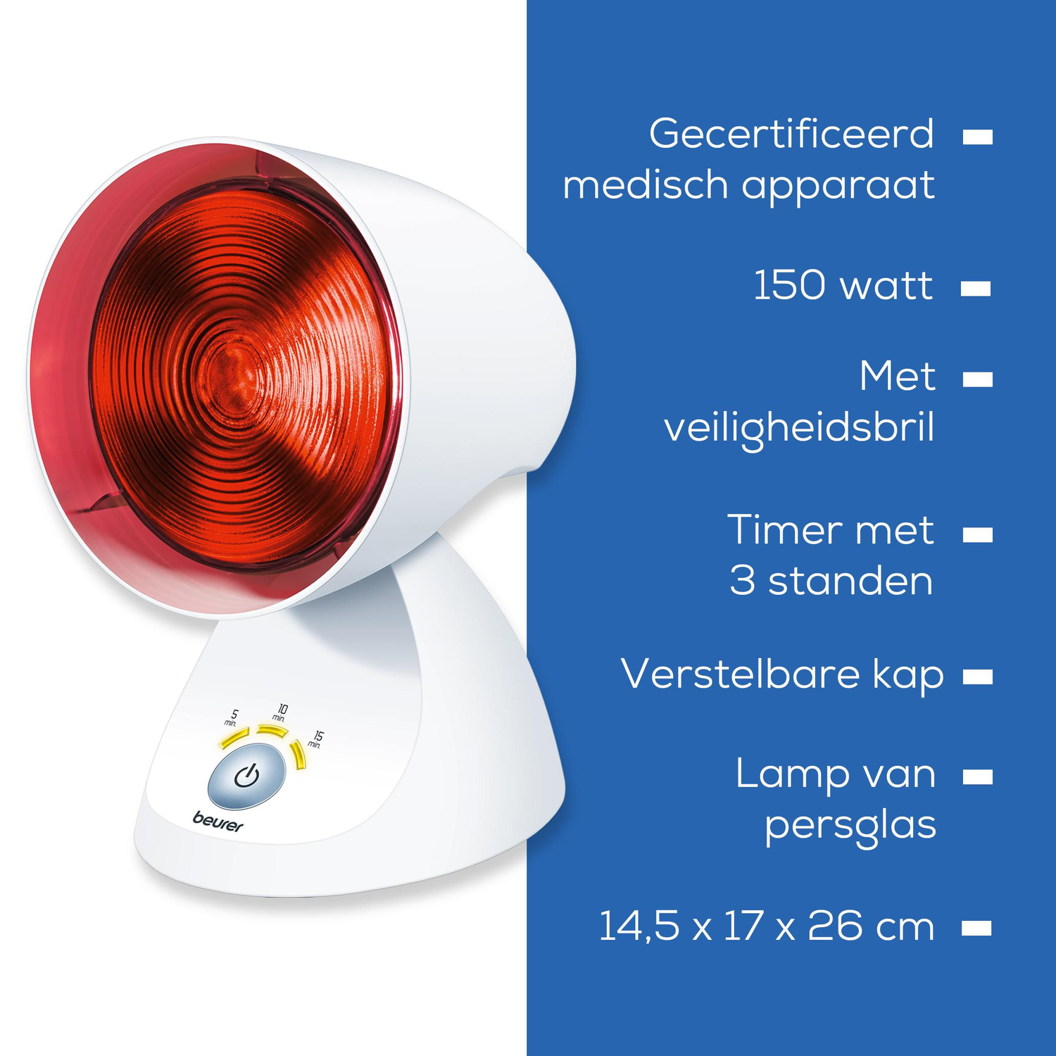 A white and red medical infrared lamp. It has a timer with three settings and adjustable head. Text on a blue background details features.