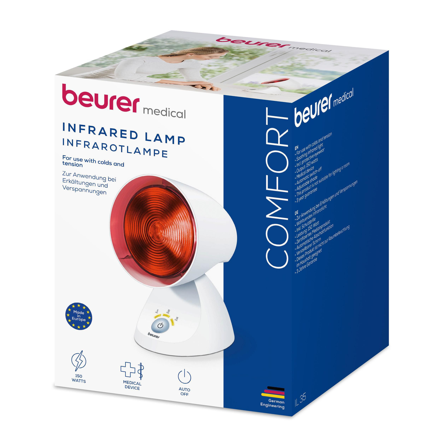 An infrared lamp with red glow, white base, and blue box with product details. Text: Infrared Lamp, for colds and tension.