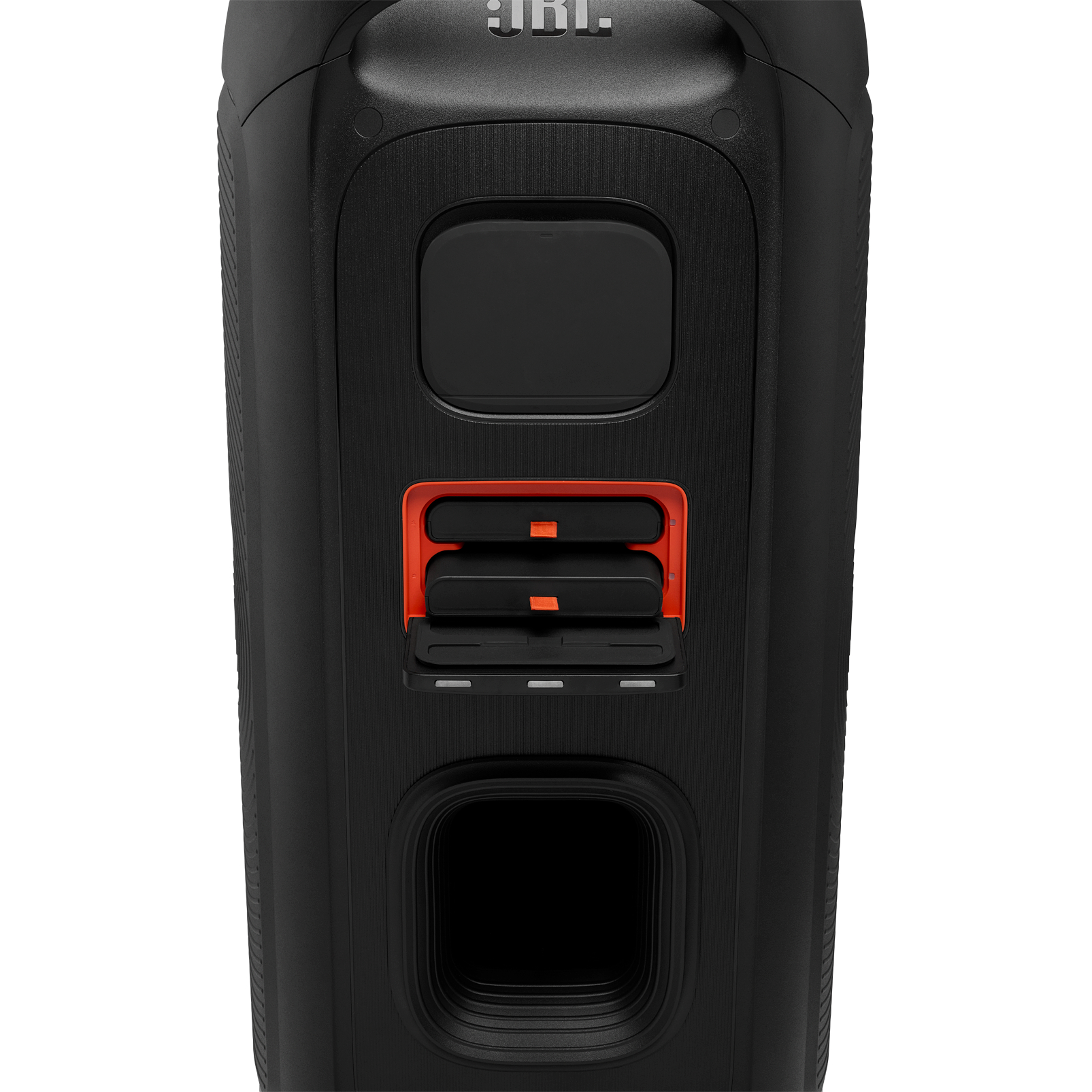 Schwarzer JBL-Lautsprecher mit orangefarbenen Akzenten. Er hat eine rechteckige Oberseite und eine Tür in der Mitte.
