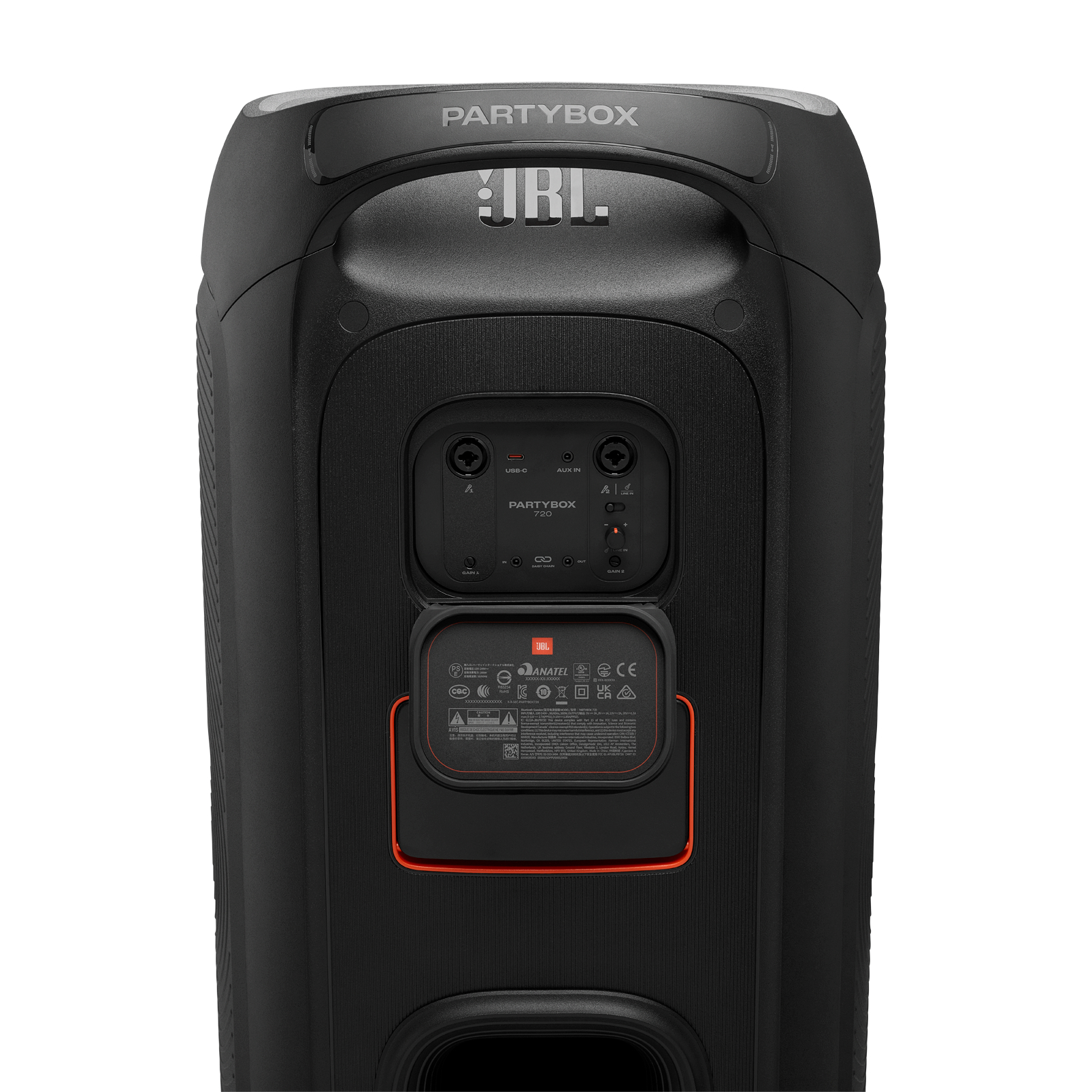 Schwarzer JBL Partybox-Lautsprecher. Mit USB-C-, AUX IN-Anschlüssen und einem Bedienfeld. Das JBL-Logo ist sichtbar.