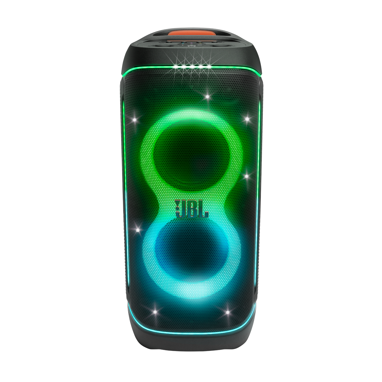 Schwarzer JBL-Lautsprecher mit grün und blau leuchtenden Ringen. JBL-Logo sichtbar.