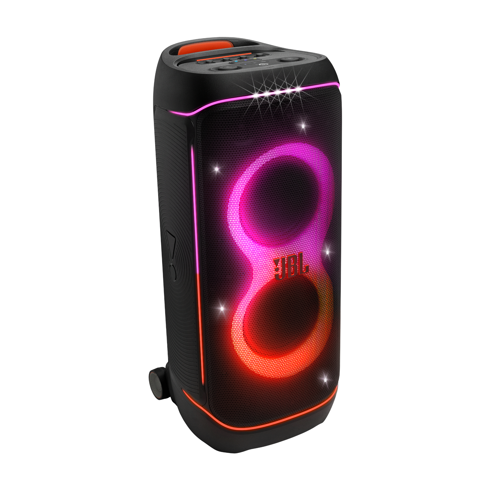 Ein schwarzer JBL-Lautsprecher mit leuchtenden rosa und orangefarbenen Lichtern. Er hat einen Griff und Bedienelemente.