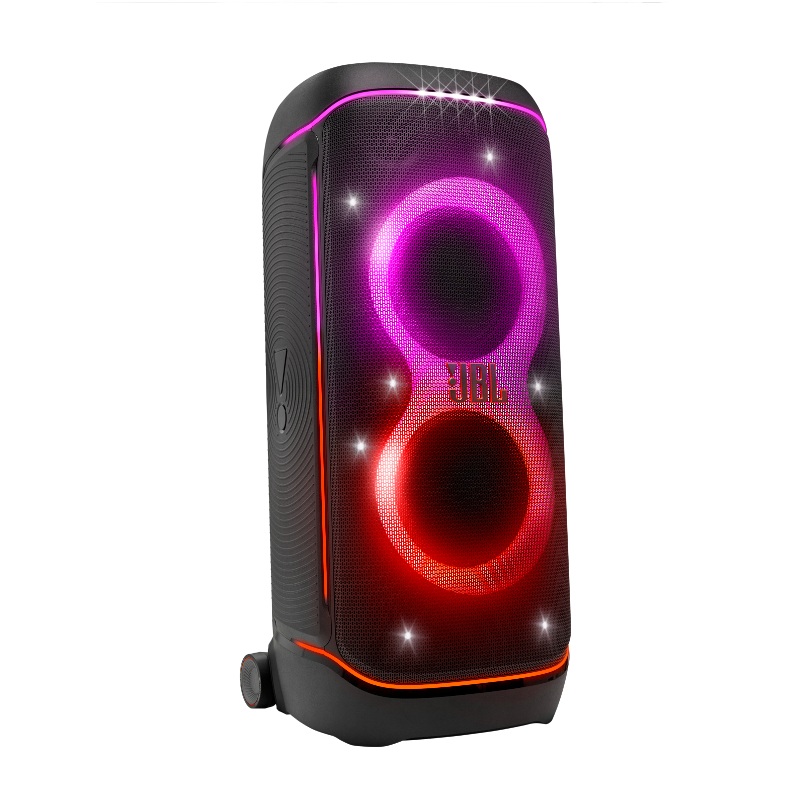 Ein schwarzer JBL-Party-Lautsprecher mit roten und lila Lichtern. Das JBL-Logo ist sichtbar.