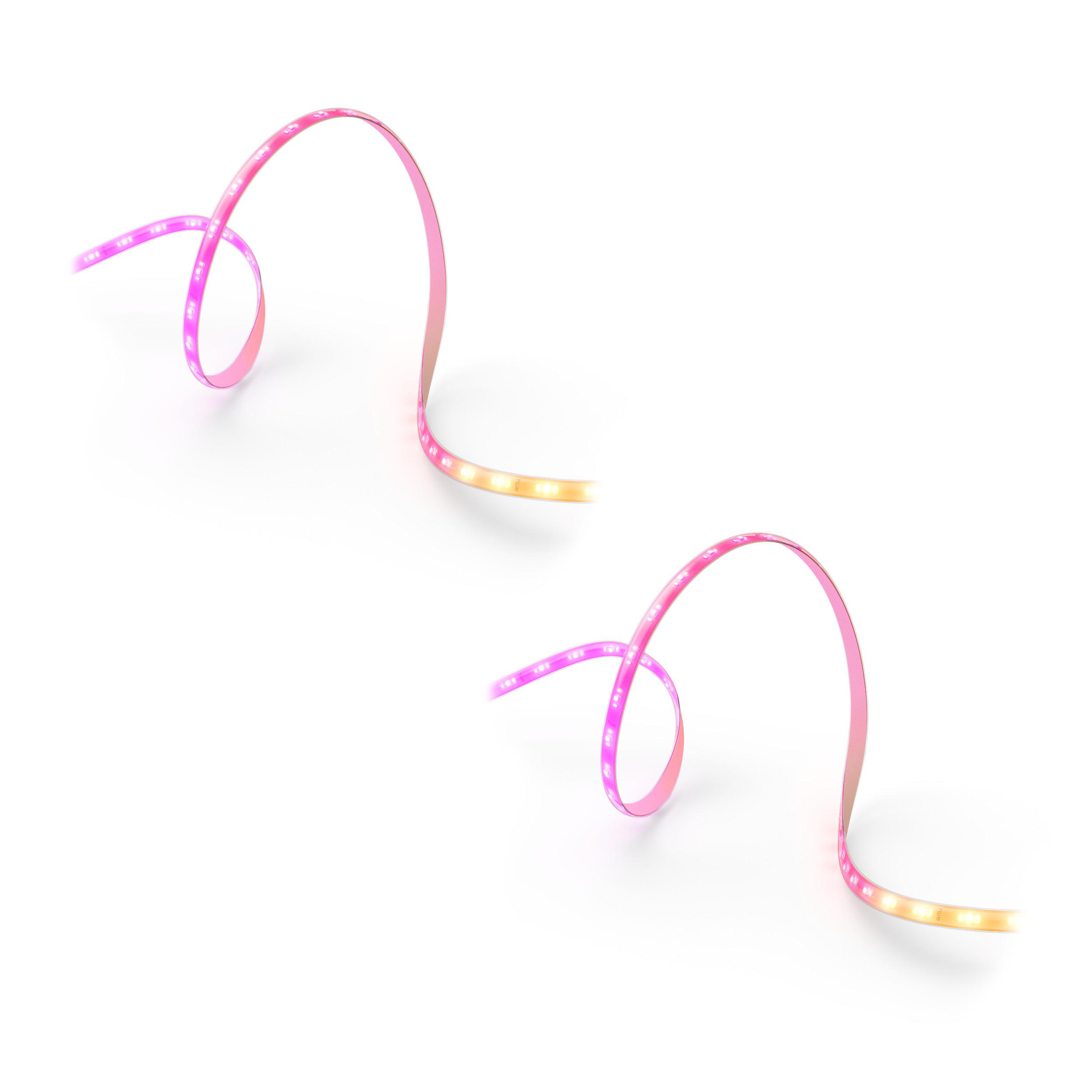 Zwei gebogene LED-Lichtstreifen in Pink und Gelb vor weißem Hintergrund. Jeder Streifen hat eine glatte, schleifenförmige Form.