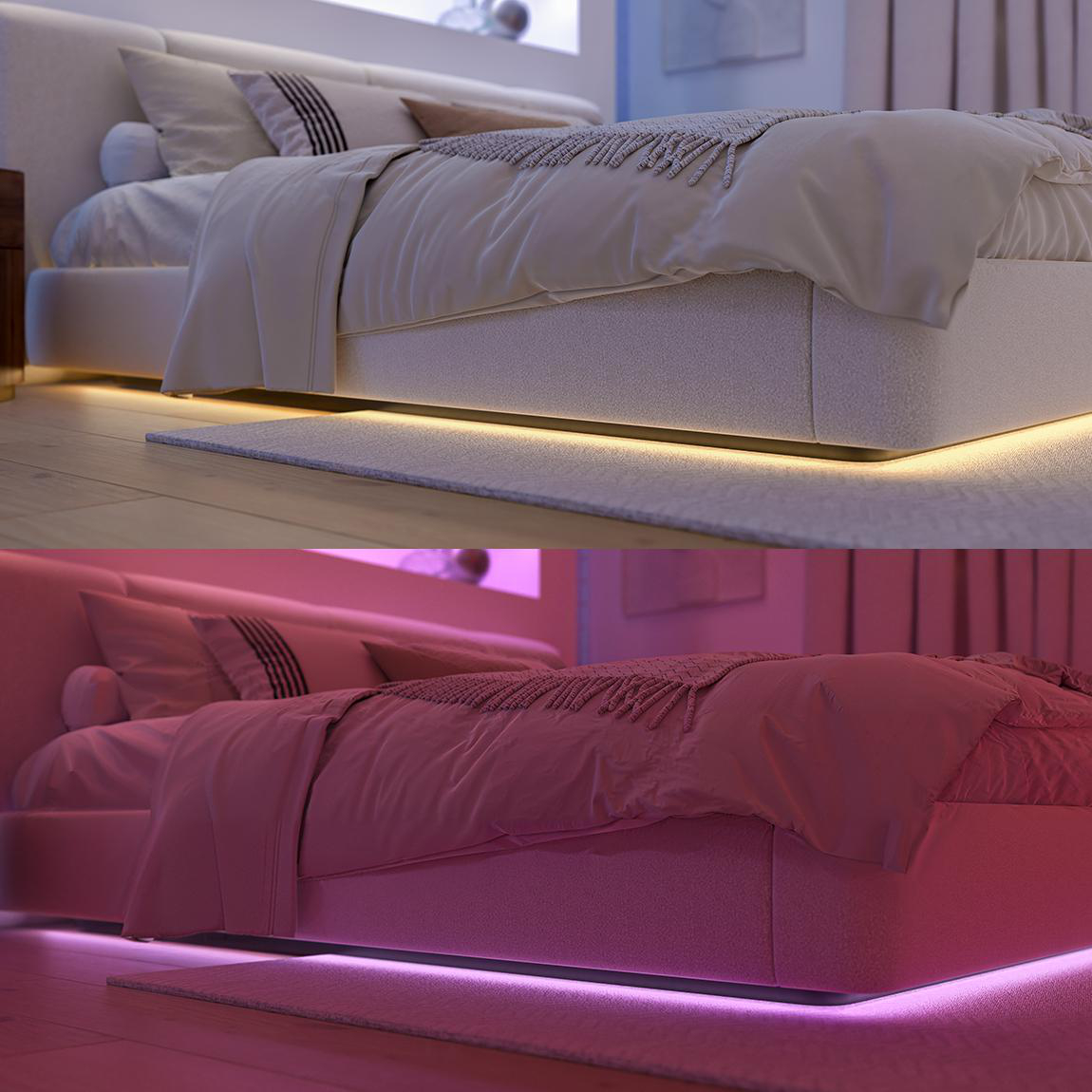 Ein modernes Schlafzimmer mit Bett, Kissen und Decke. Das Bett hat eine Unterbeleuchtung, die einen warmen Schein wirft.