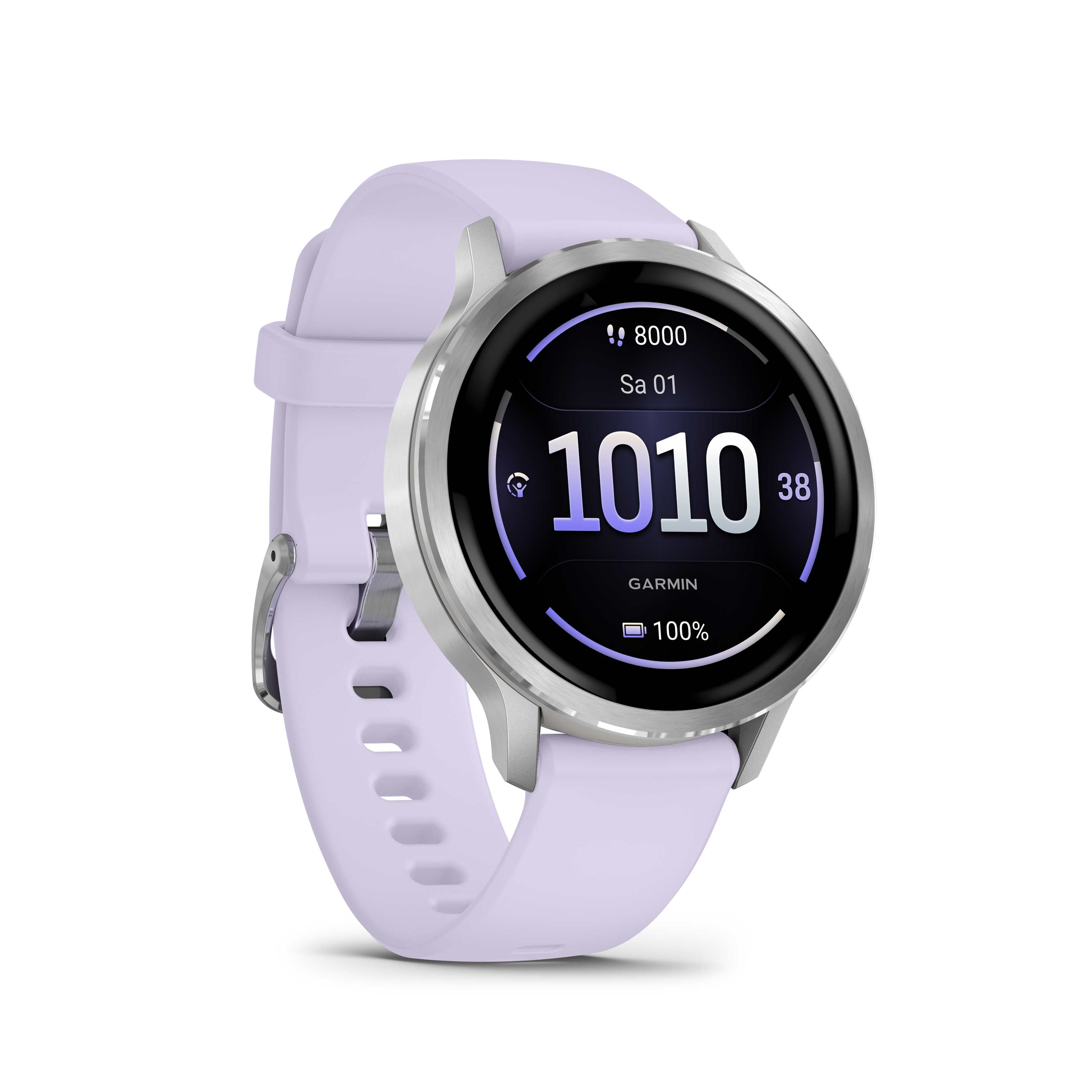 Eine lavendelfarbene Smartwatch mit silberner Lünette. Das Display zeigt Schritte, Zeit und Akkulaufzeit. Die Uhr ist isoliert auf Weiß.