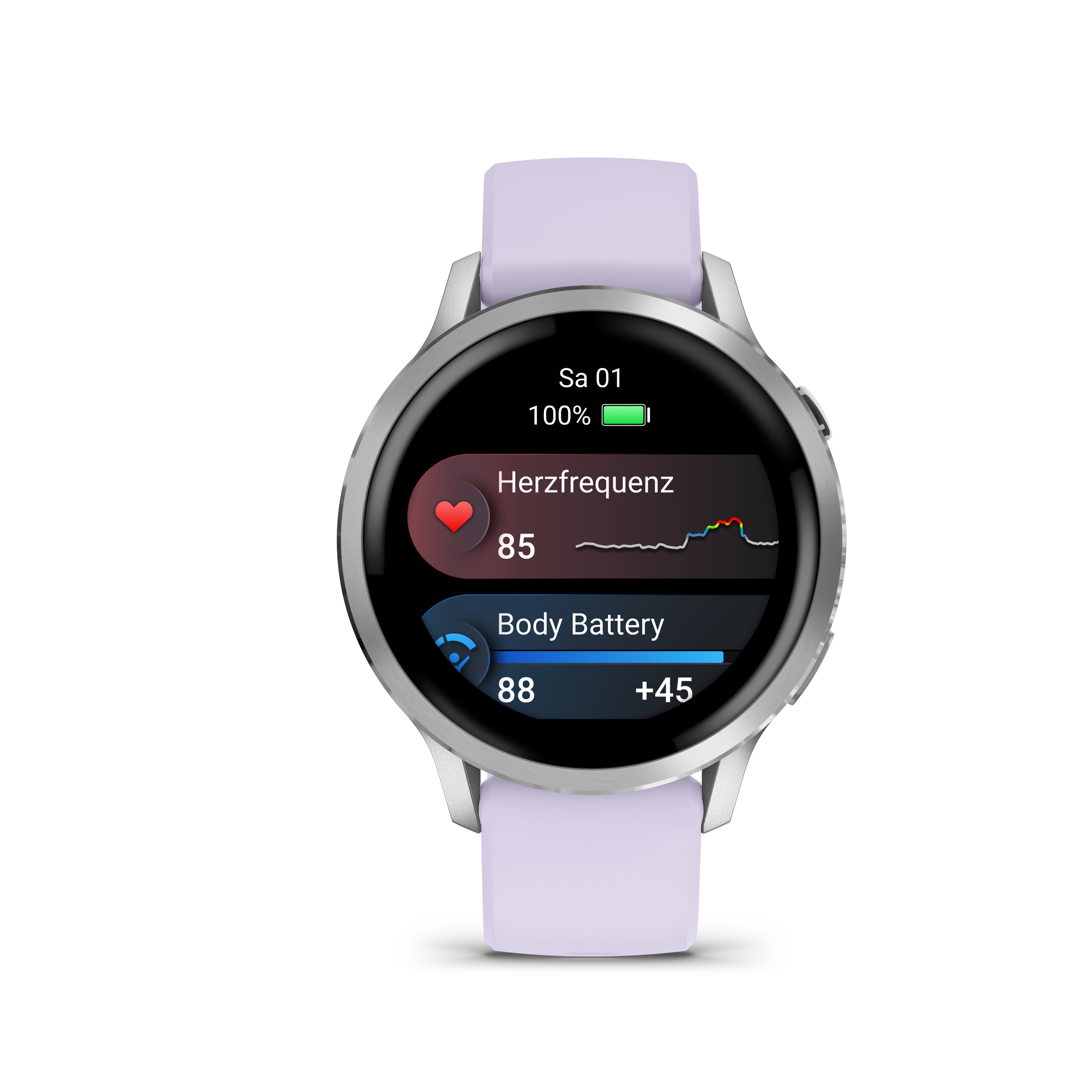 Eine silberne Smartwatch mit lila Armband zeigt Gesundheitsdaten: Herzfrequenz, Körperbatterie und Datum. Der Akku ist bei 100%.