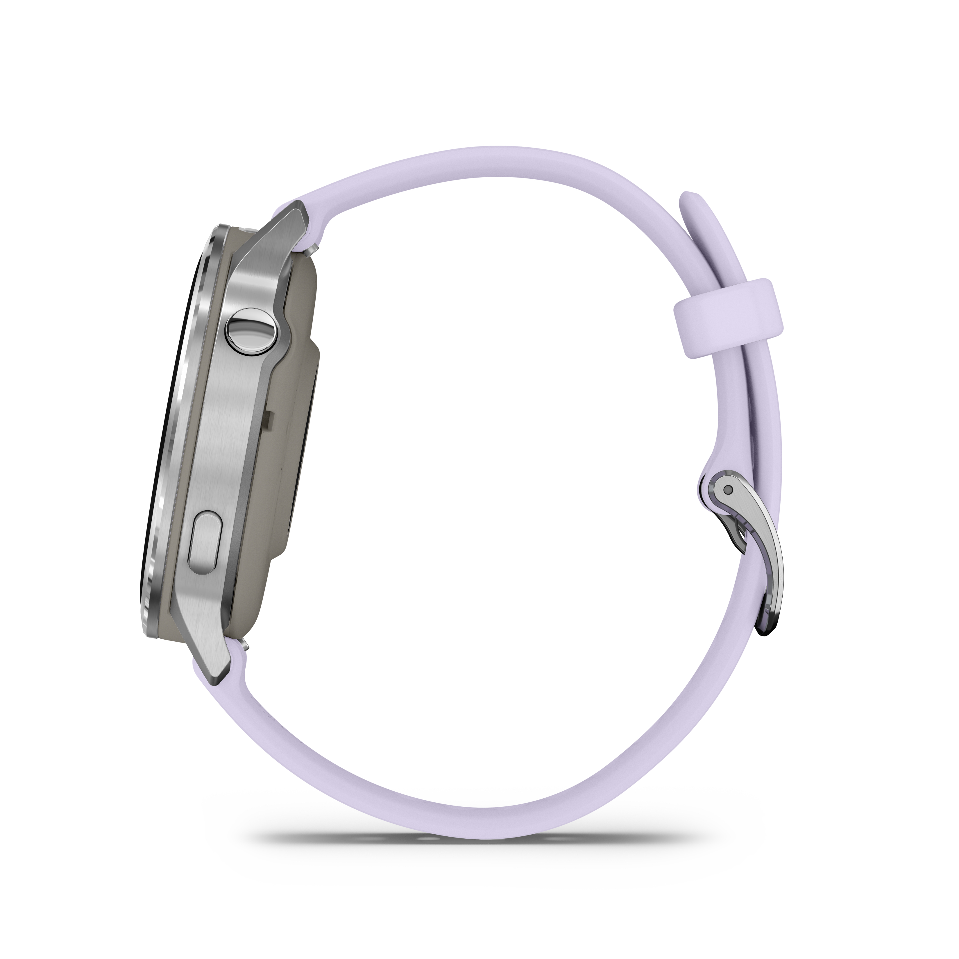 Seitenansicht einer Smartwatch mit helllila Armband und silbernem Gehäuse. Weißer Hintergrund.