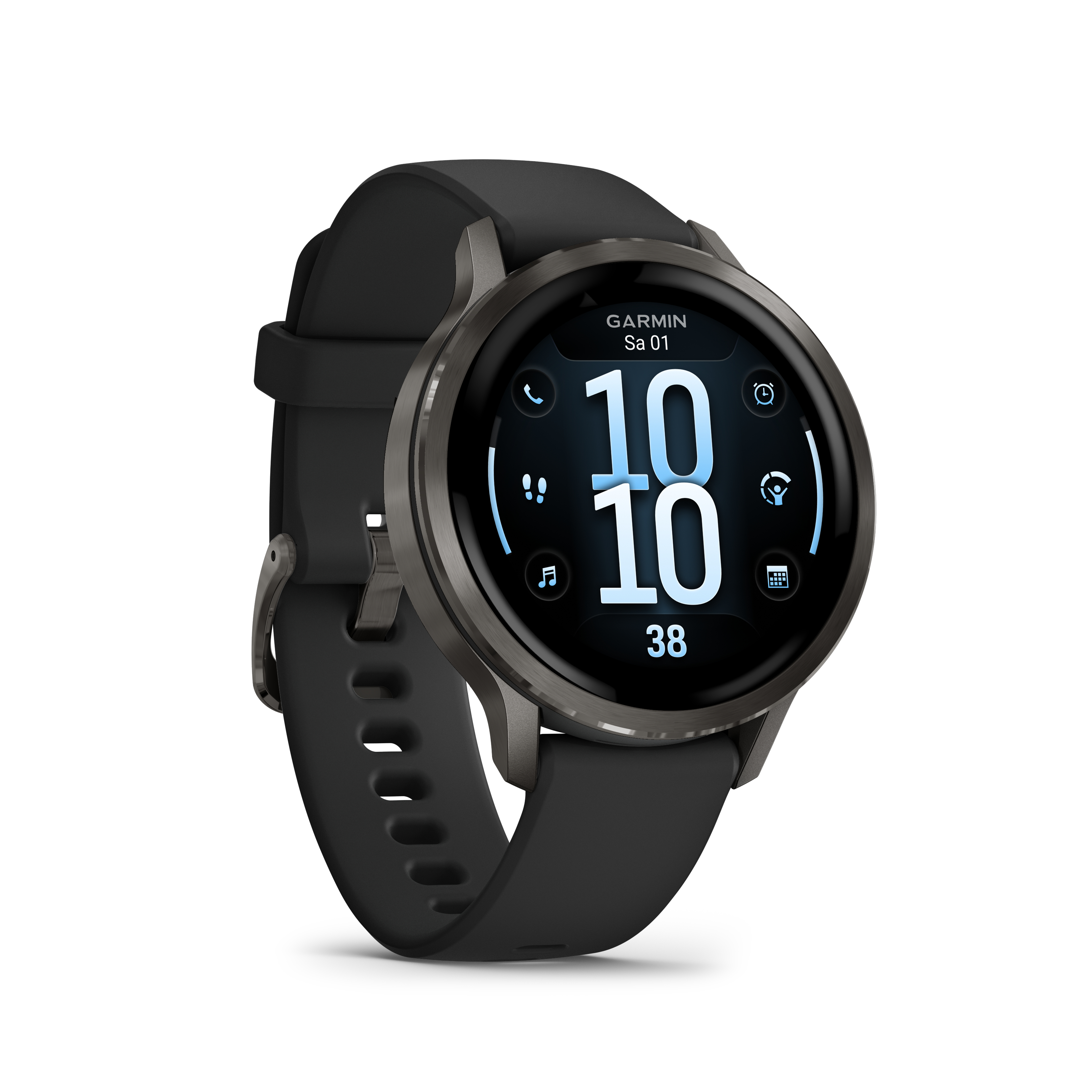 Eine schwarze Garmin-Smartwatch. Der Bildschirm zeigt Datum, Uhrzeit und verschiedene Symbole. Die Uhr hat ein schwarzes Armband.