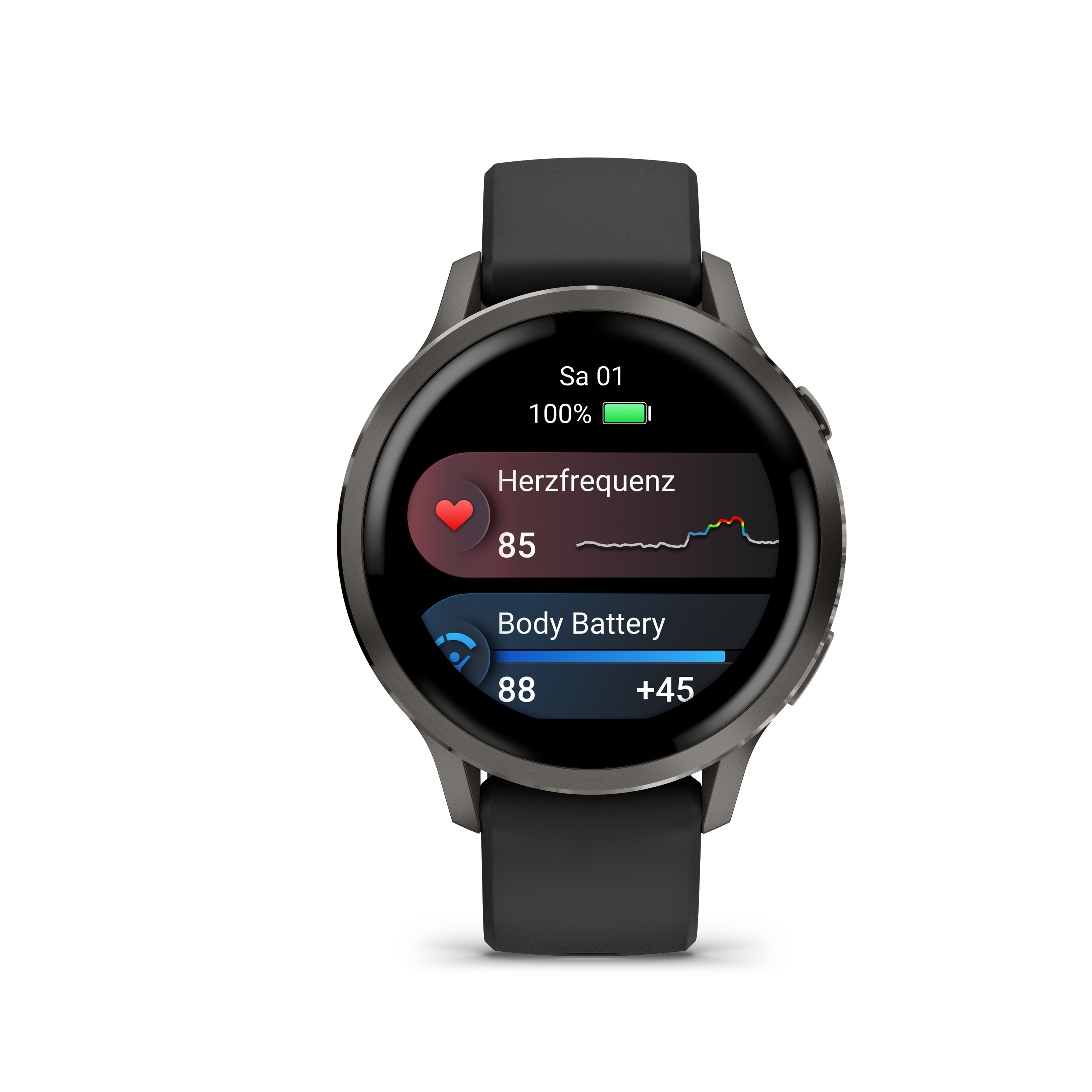Smartwatch, die Herzfrequenz und Körperbatteriedaten anzeigt. Zeigt den Batteriestatus und ein Diagramm. Schwarzes Armband und Zifferblatt.