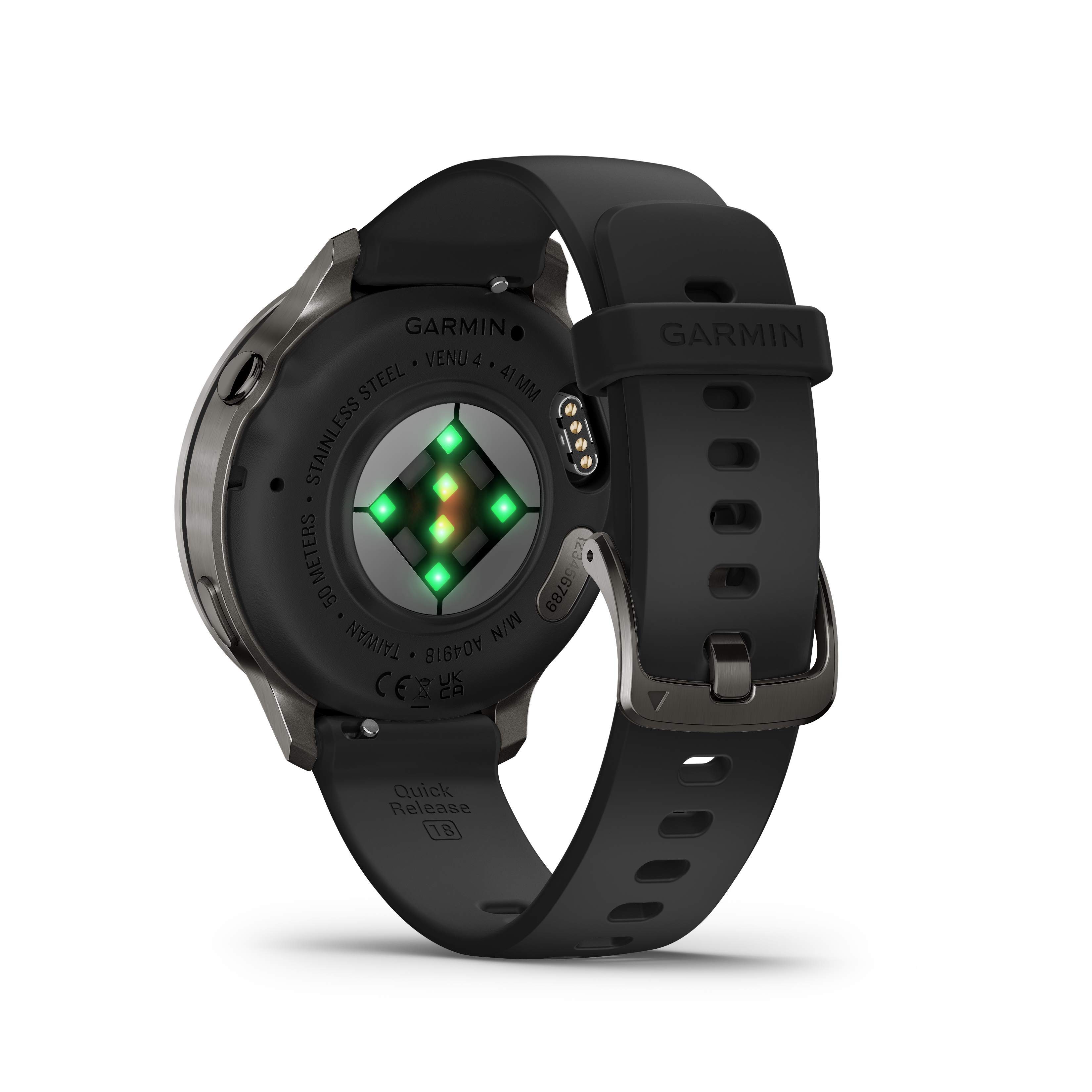 Schwarze Garmin Venu 4 Smartwatch. Die Rückseite zeigt Sensoren, Text und ein schwarzes Armband. Die Uhr ist auf weißem Hintergrund.