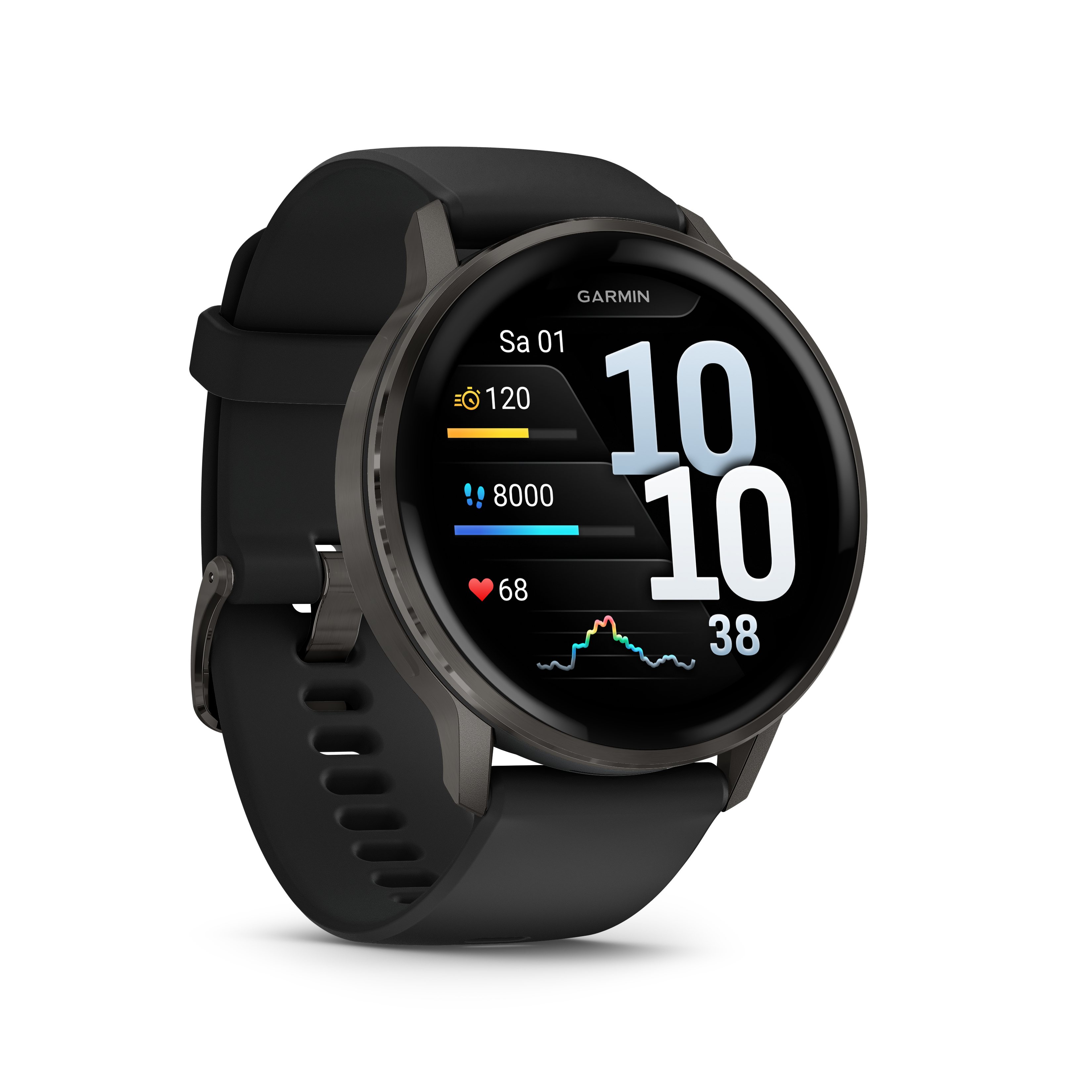 Schwarze Garmin-Smartwatch mit rundem Display, das Zeit, Herzfrequenz und andere Daten anzeigt. Die Uhr hat ein schwarzes Armband.