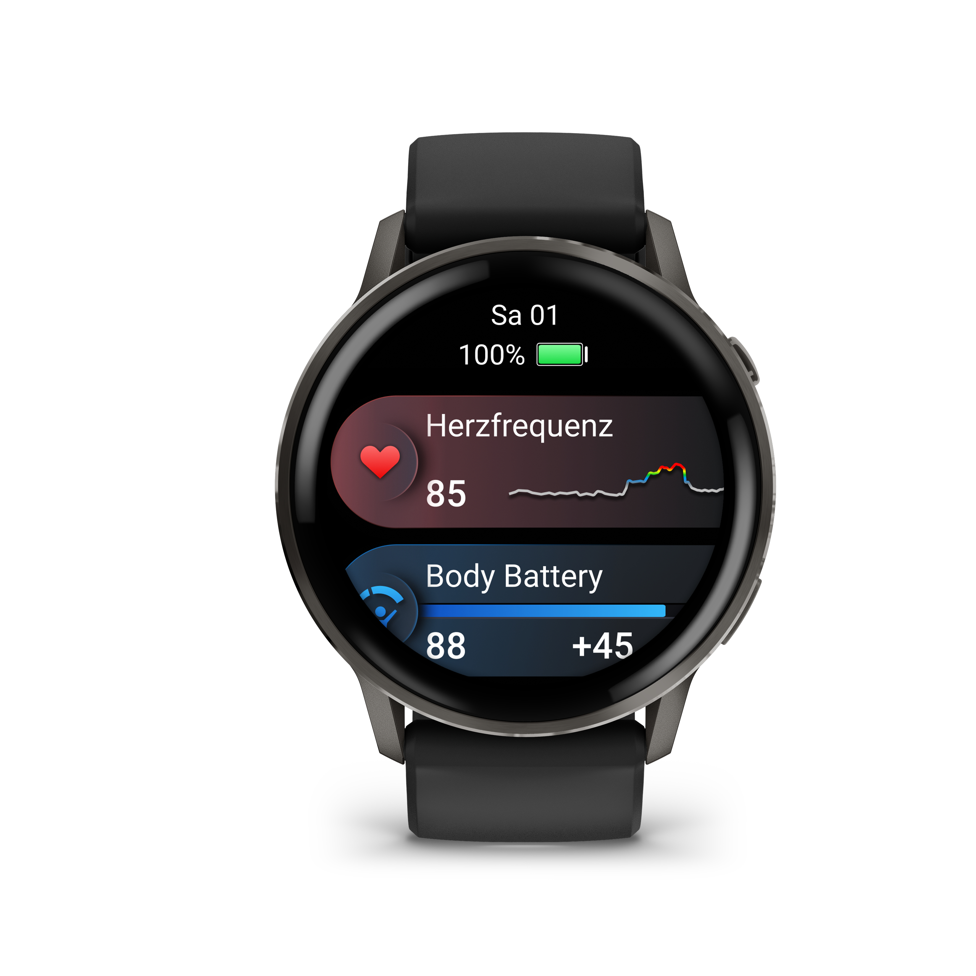 Eine schwarze Smartwatch zeigt Herzfrequenz, Akku und Datum auf einem schwarzen Bildschirm mit weißem Hintergrund.