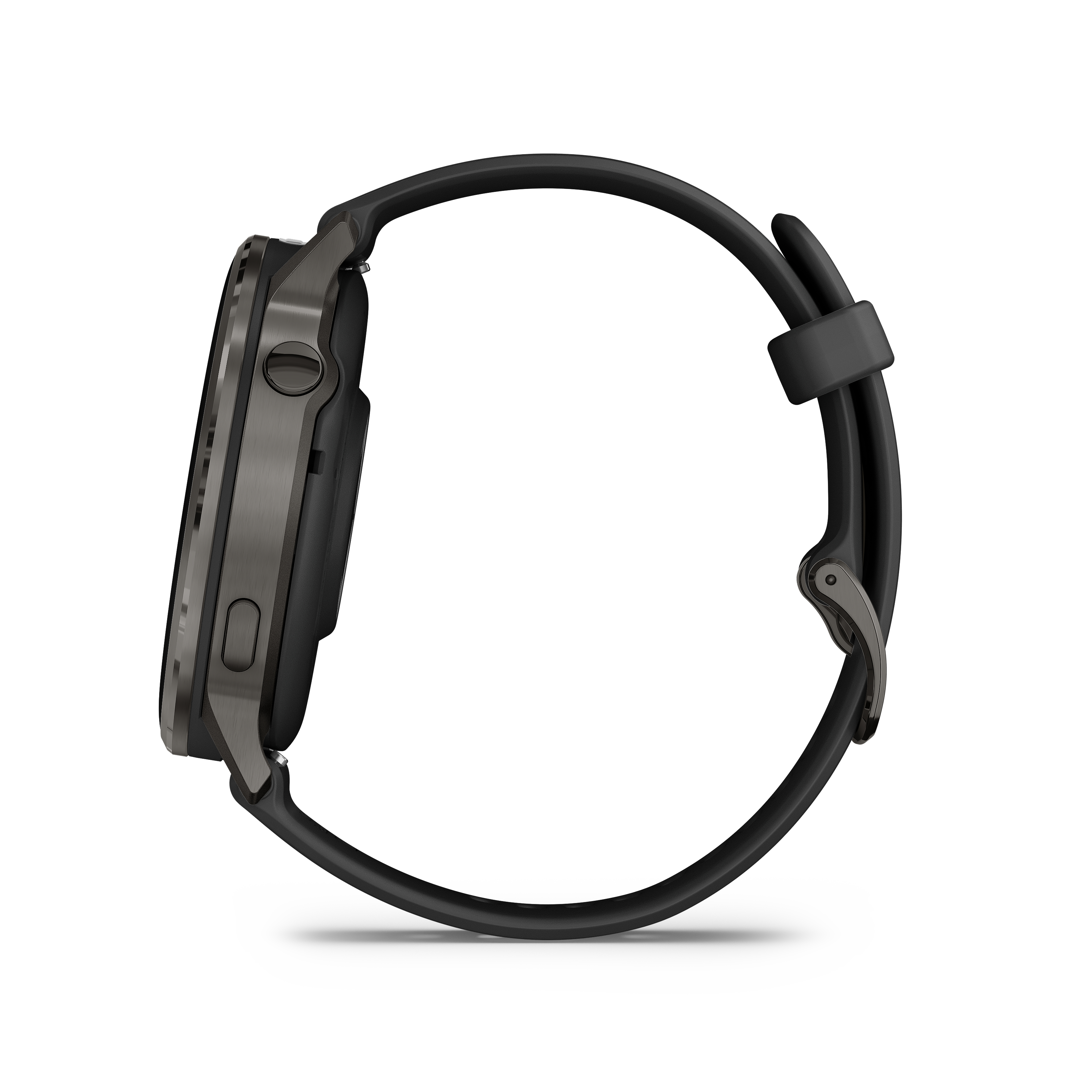 Eine schwarze Smartwatch mit schwarzem Armband wird gezeigt, wobei das Zifferblatt und die Knöpfe sichtbar sind. Die Uhr ist freigestellt.