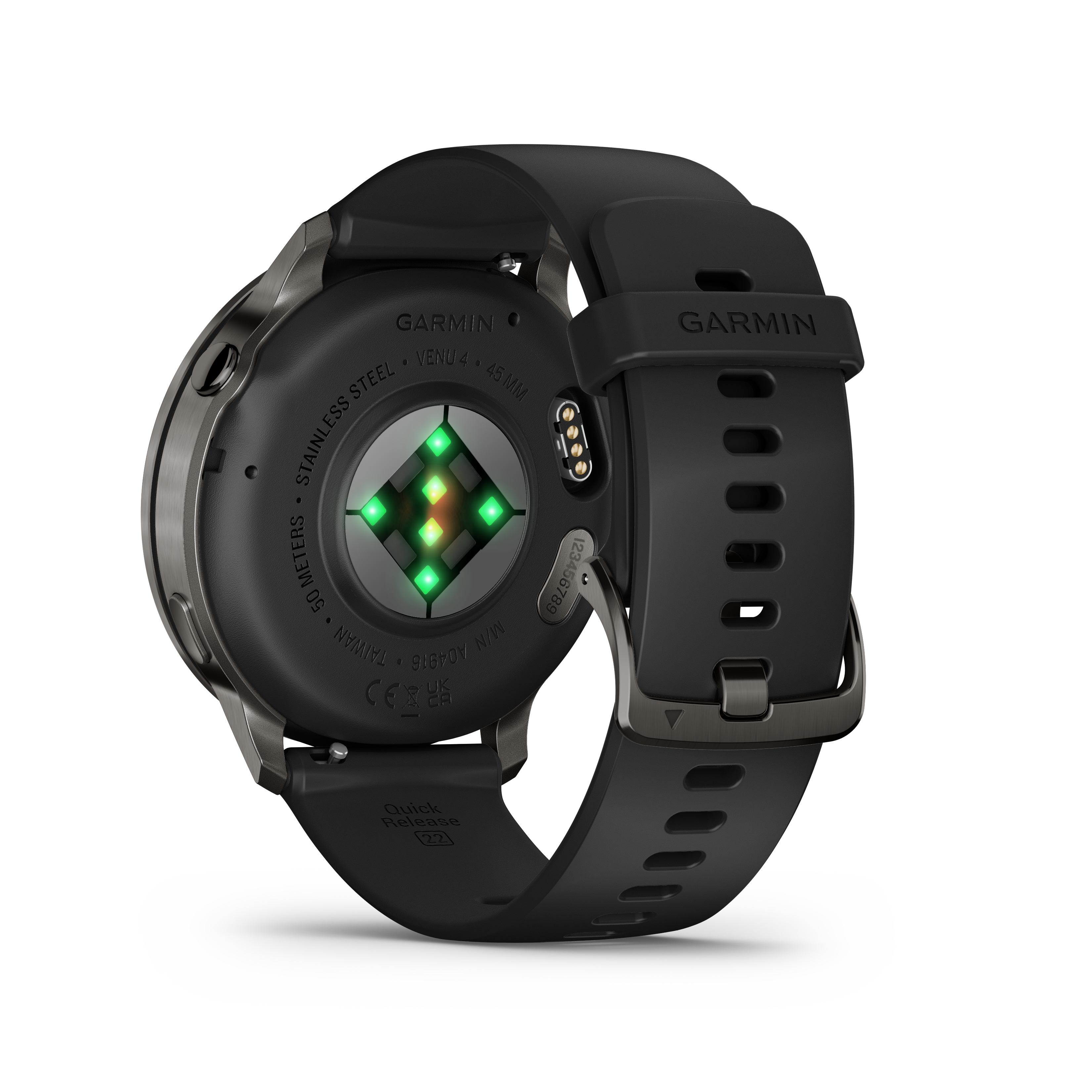 Schwarze Garmin Venu 4 Smartwatch. Die Rückseite der Uhr, einschließlich Herzfrequenzsensor und schwarzem Armband.