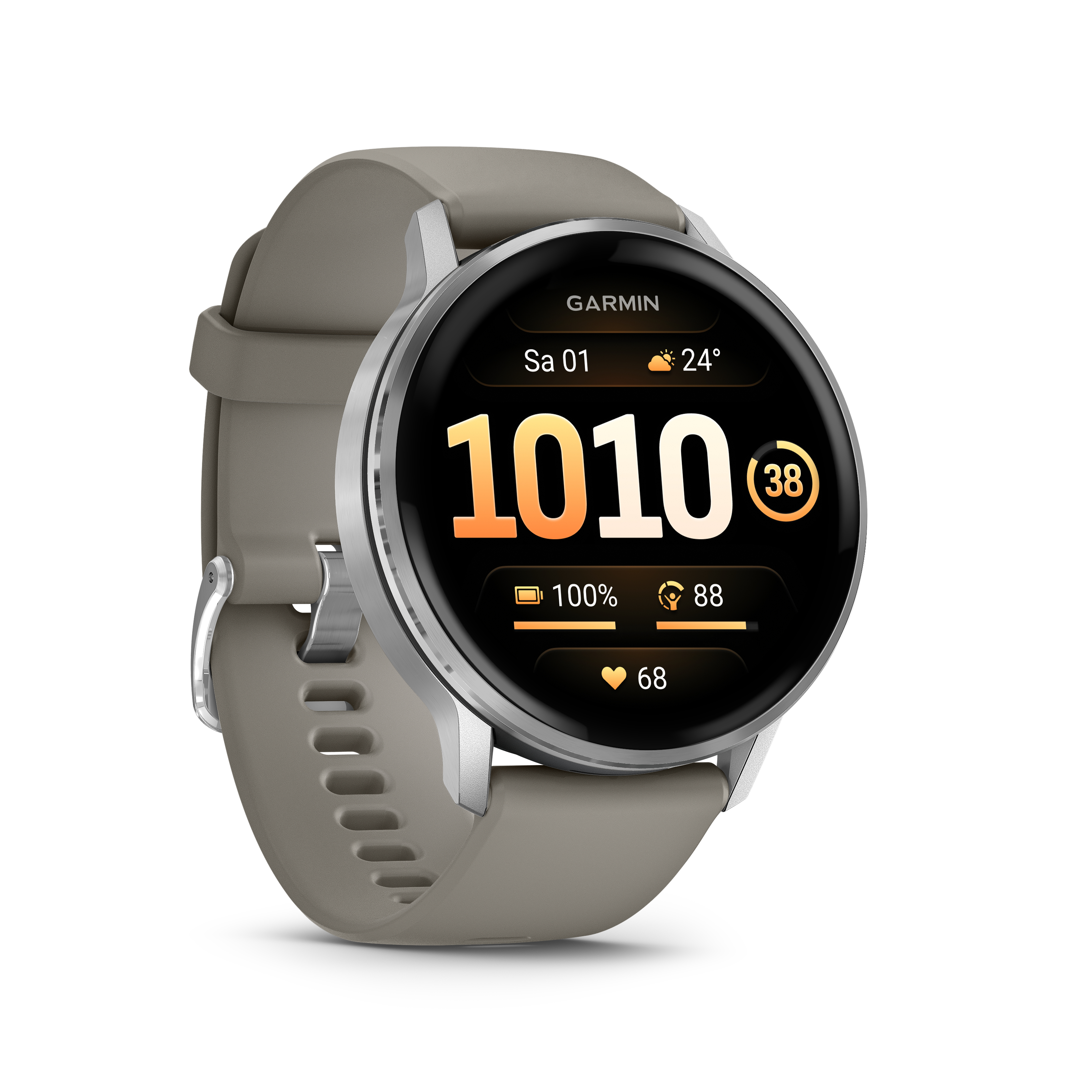 Eine Garmin-Smartwatch zeigt Zeit, Wetter und Gesundheitsdaten an. Sie hat ein graues Armband und eine silberne Lünette, vor weißem Hintergrund.