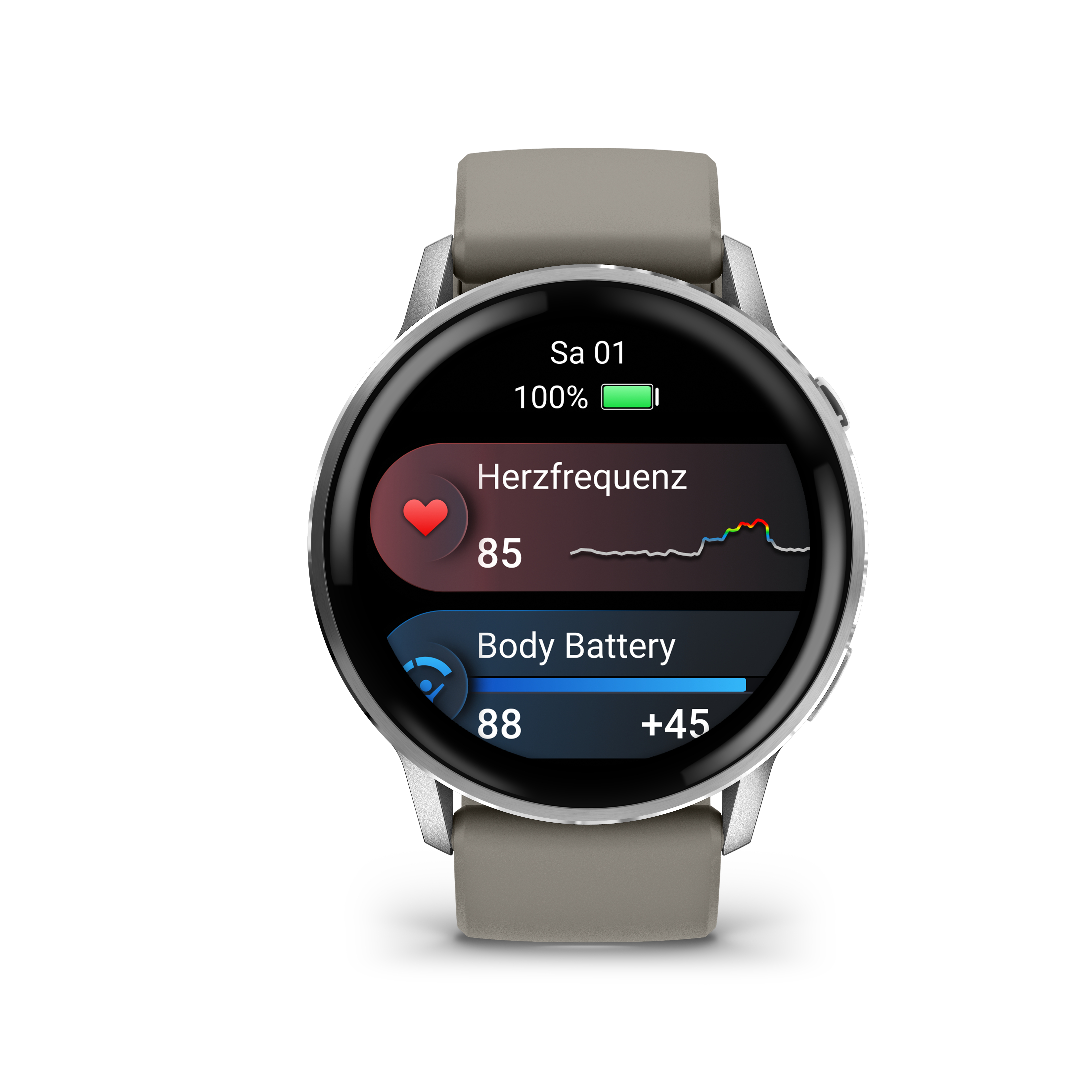 Eine Smartwatch, die Herzfrequenz und Batterieinformationen anzeigt. Sie hat ein graues Armband und einen schwarzen Bildschirm. Der Hintergrund ist weiß.