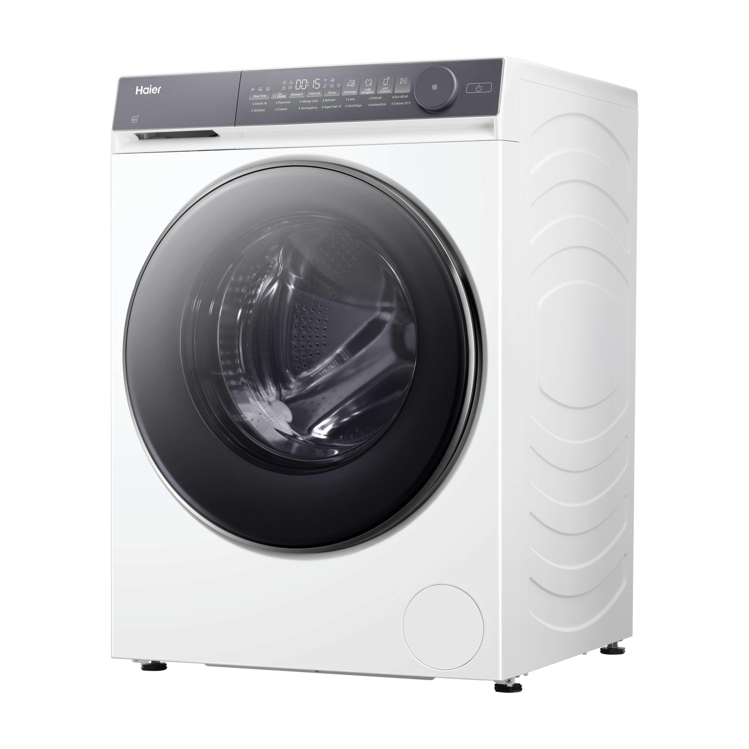 Una lavatrice Haier bianca con porta nera. Ha un pannello di controllo in alto con pulsanti e un display digitale.