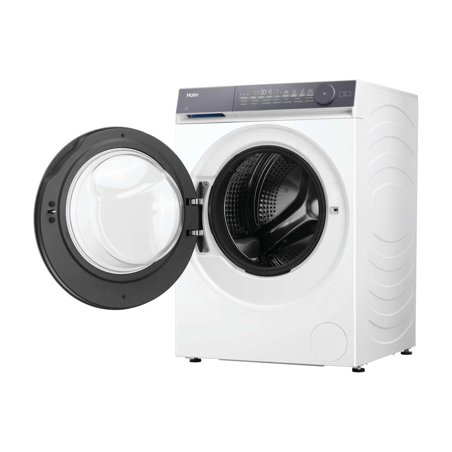 Una lavatrice Haier bianca. La porta è aperta, rivelando il cestello. Ha un display digitale e un pannello di controllo.