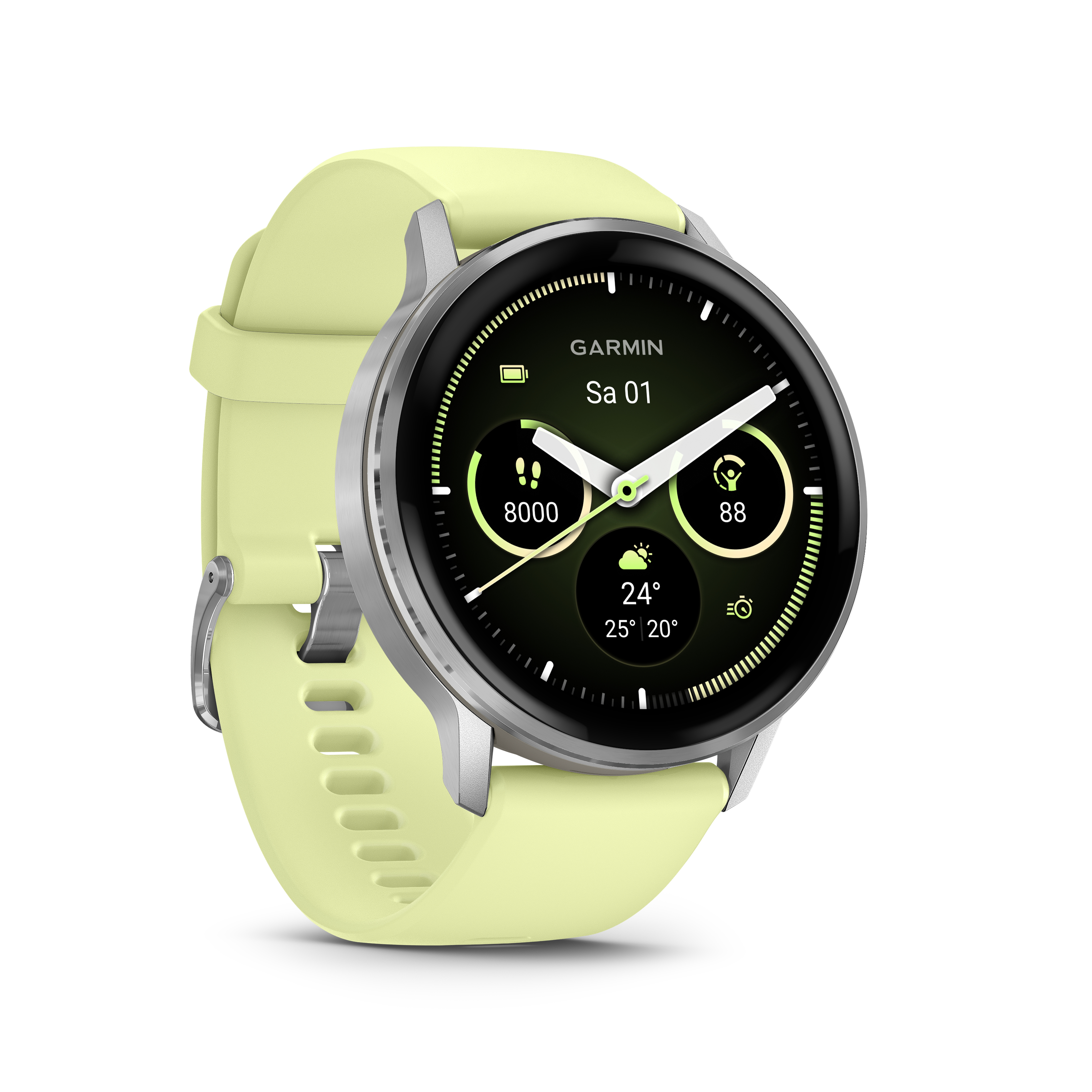 Eine Garmin-Smartwatch mit grünem Armband, die Datum, Schritte und Wetterdetails anzeigt.