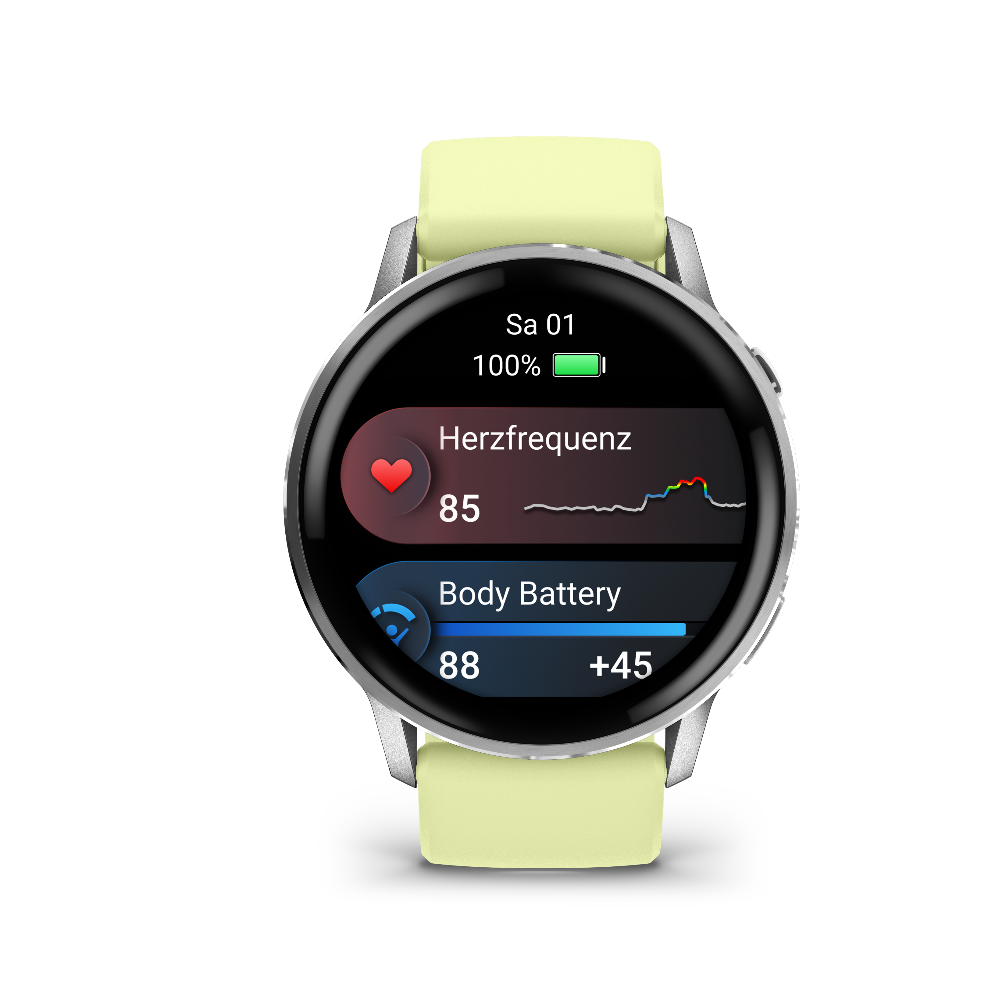 Eine Smartwatch mit grünem Armband zeigt Herzfrequenz- und Körperbatterie-Informationen auf schwarzem Bildschirm.