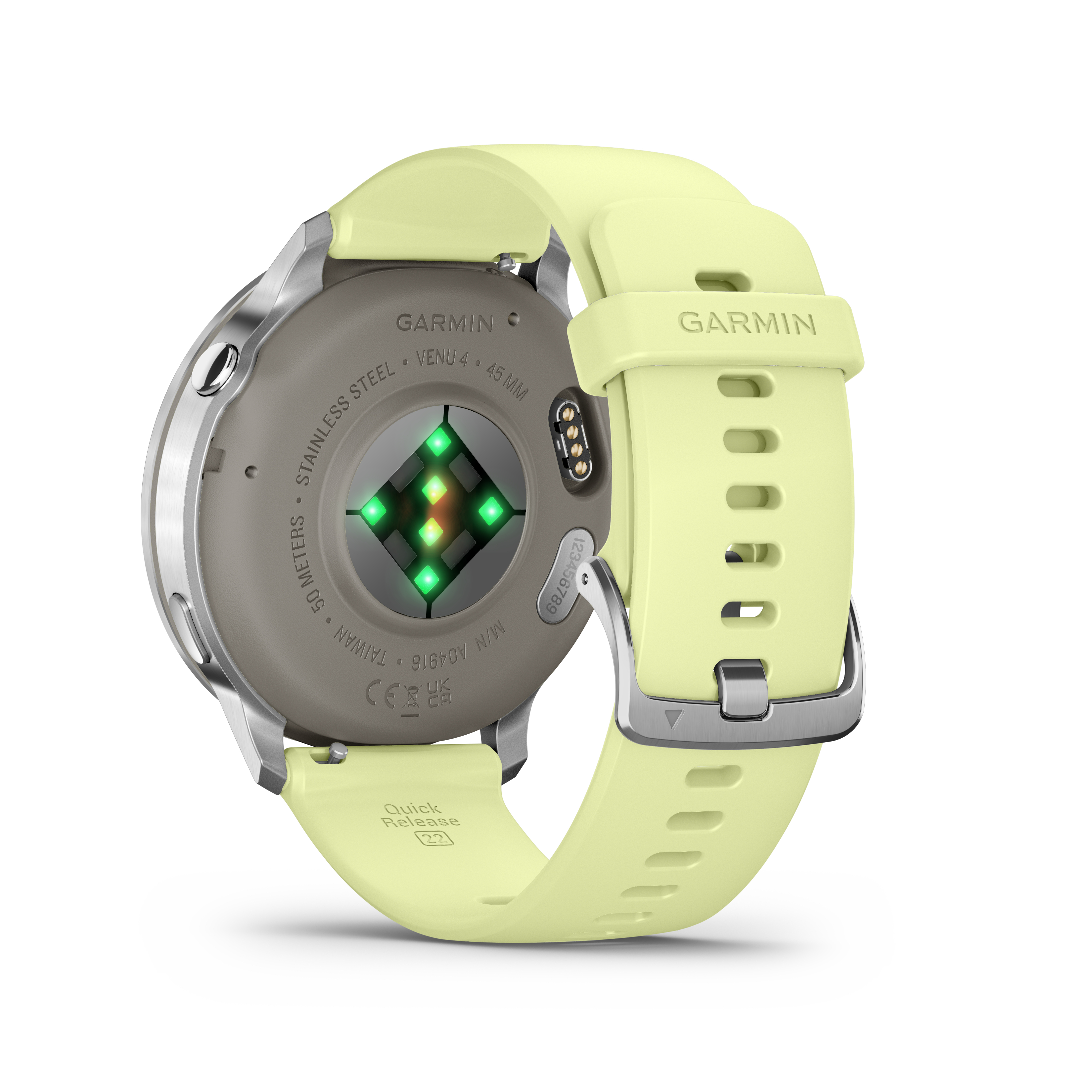 Eine Garmin Venu 4 Smartwatch, die ihre Rückseite zeigt. Sie hat ein hellgrünes Armband und ein graues Zifferblatt.