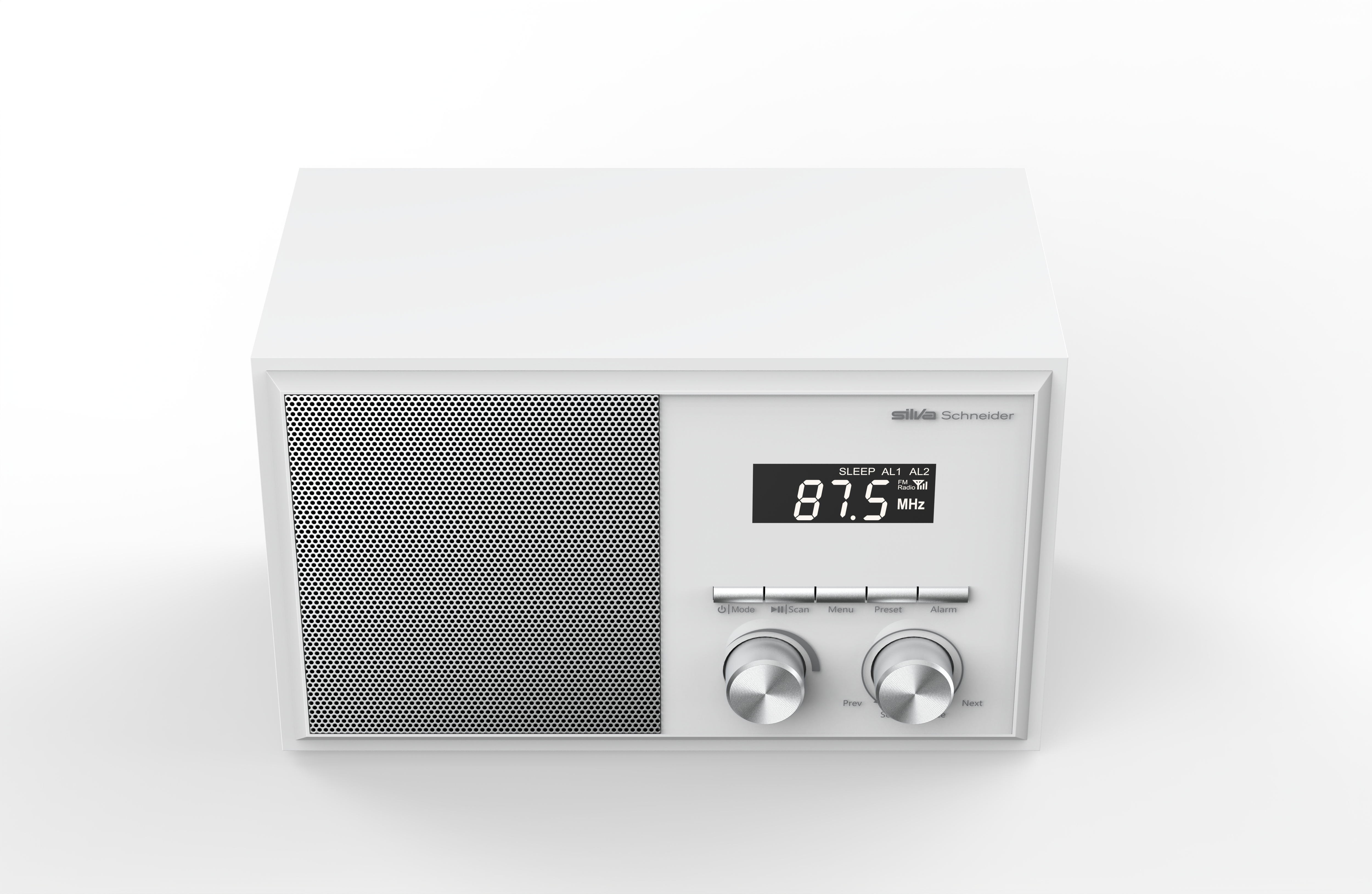 Ein weißes Radio mit Digitalanzeige, die 87,5 MHz anzeigt. Es hat Knöpfe und Regler.