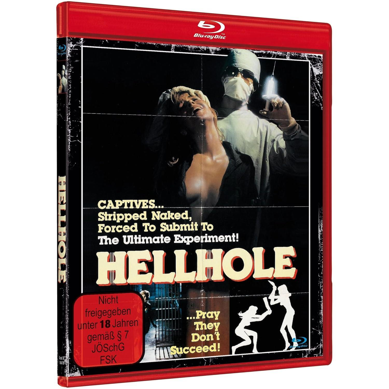 Blu-ray-Cover für den Film "Hellhole". Es zeigt einen Arzt mit einer Spritze und einer Frau. Der Titel ist groß geschrieben.
