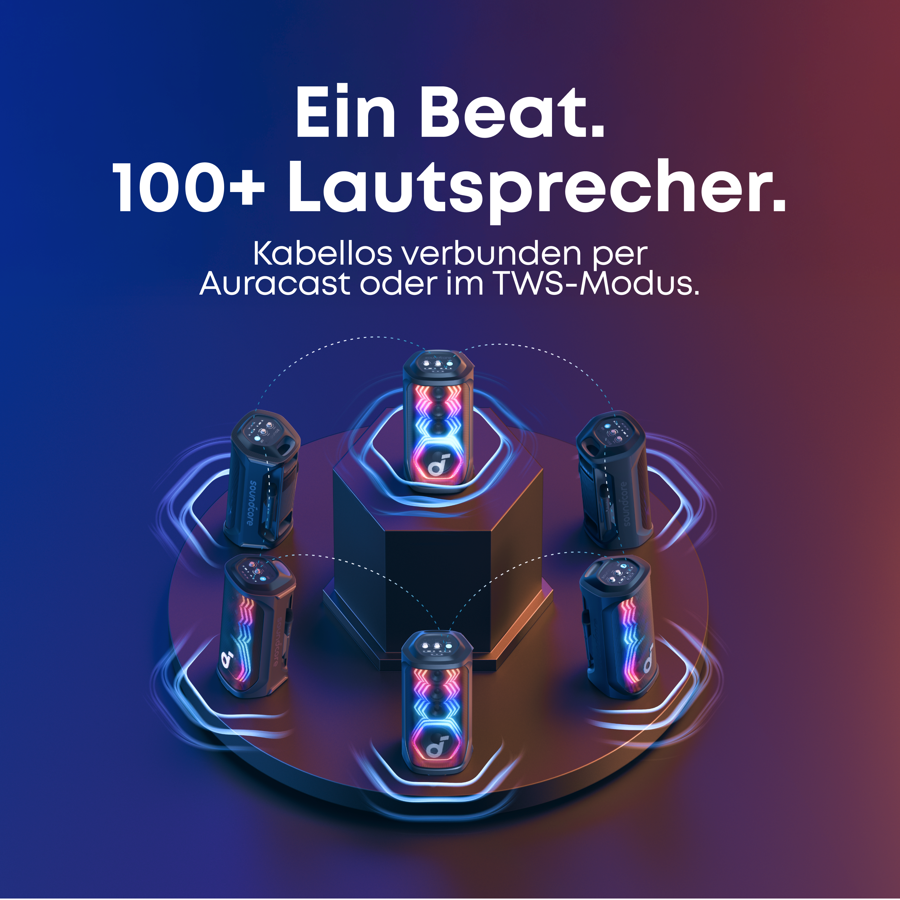 Bild zeigt sechs schwarze Soundcore-Lautsprecher, die durch leuchtende Linien verbunden sind. Text: 'Ein Beat. 100+ Lautsprecher.'