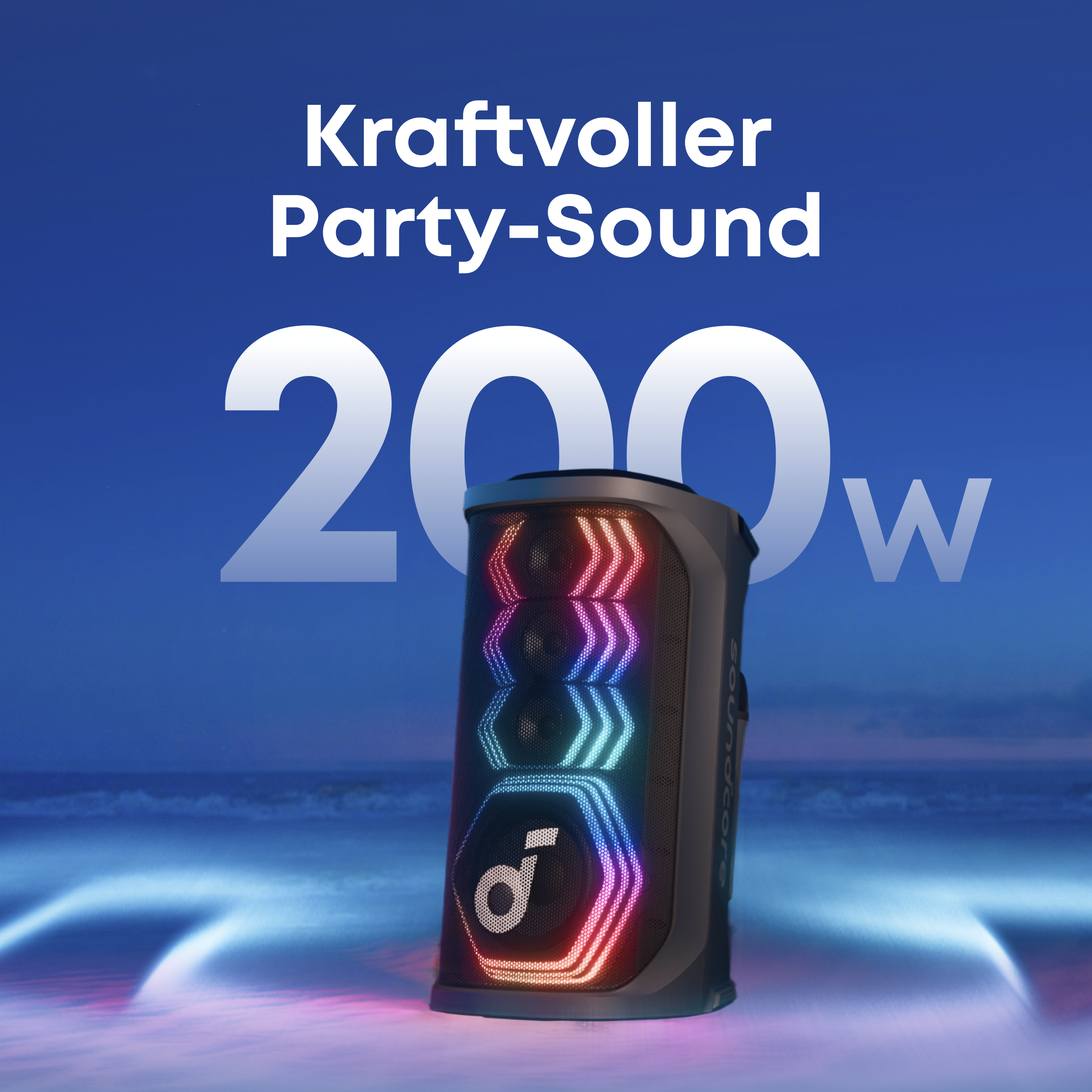 Ein schwarzer Lautsprecher mit bunten Lichtern, darüber steht der Text "Kraftvoller Party-Sound 200W". Der Hintergrund ist blau.