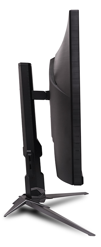 Seitenansicht eines schwarzen, gebogenen Gaming-Monitors. Er hat einen Ständer mit drei Beinen. Der Bildschirm ist schwarz und hat einen schmalen Rahmen.