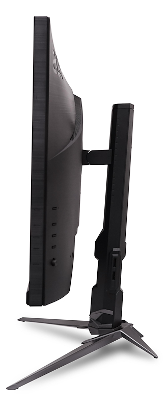 Ein schwarzer, gebogener Computermonitor auf weißem Hintergrund. Er hat einen Standfuß mit Beinen. Der Monitor ist zur Seite gedreht.
