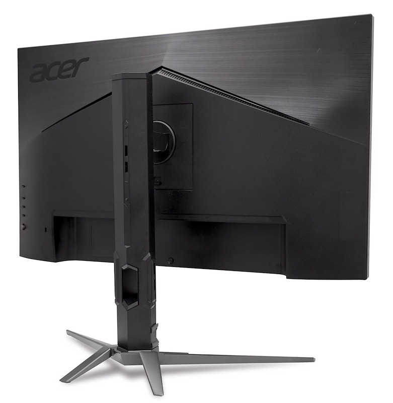 Rückansicht eines schwarzen Acer-Monitors. Der Ständer ist sichtbar, mit sternförmigem Sockel. Der Monitor steht vor weißem Hintergrund.