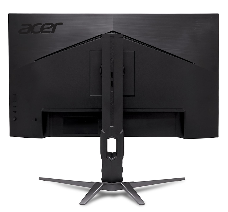 Rückansicht eines schwarzen Acer-Gaming-Monitors mit Ständer. Das Acer-Logo ist sichtbar. Der Ständer hat ein einzigartiges Design.