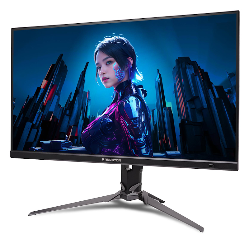 Ein Monitor zeigt ein futuristisches Bild einer Frau mit Neonakzenten. Der Hintergrund zeigt eine Stadtlandschaft mit spitzen, eckigen Gebäuden.
