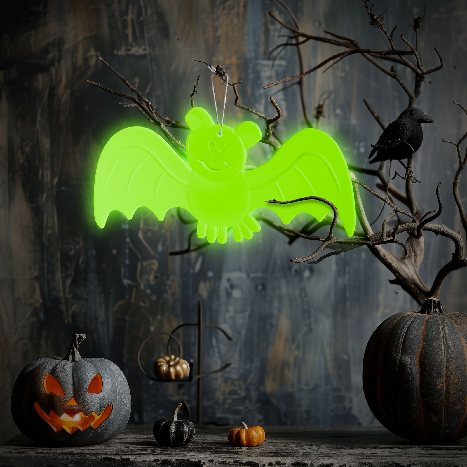 Halloween-i jelenet egy világító zöld denevérrel, tökökkel, egy hollóval és csupasz ágakkal sötét háttér előtt.