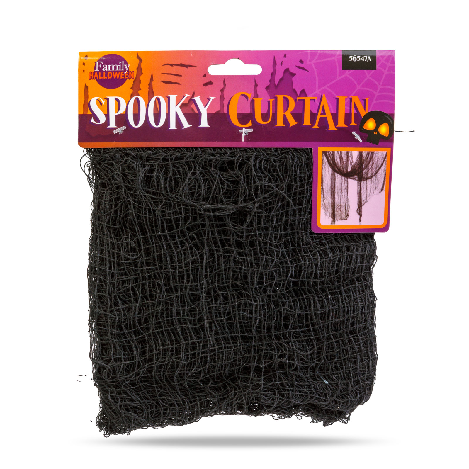Egy Halloween dekoráció. Egy fekete, kísérteties függöny látható fehér háttér előtt. A termék fejléce a 'Spooky Curtain' szöveget tartalmazza.