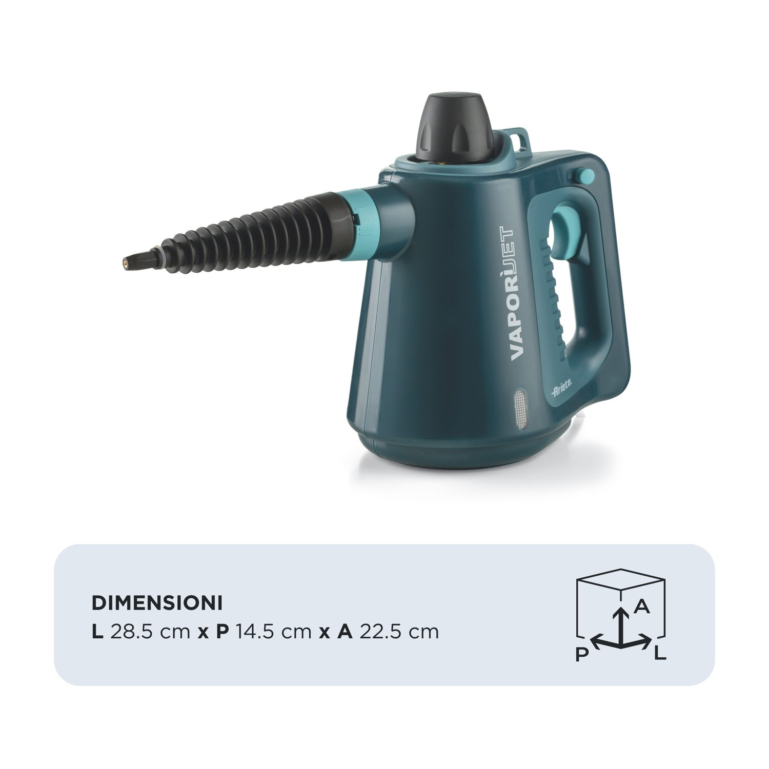 Un pulitore a vapore portatile verde acqua. Ha un ugello, un'impugnatura e un coperchio nero. Le dimensioni sono elencate sotto il pulitore.