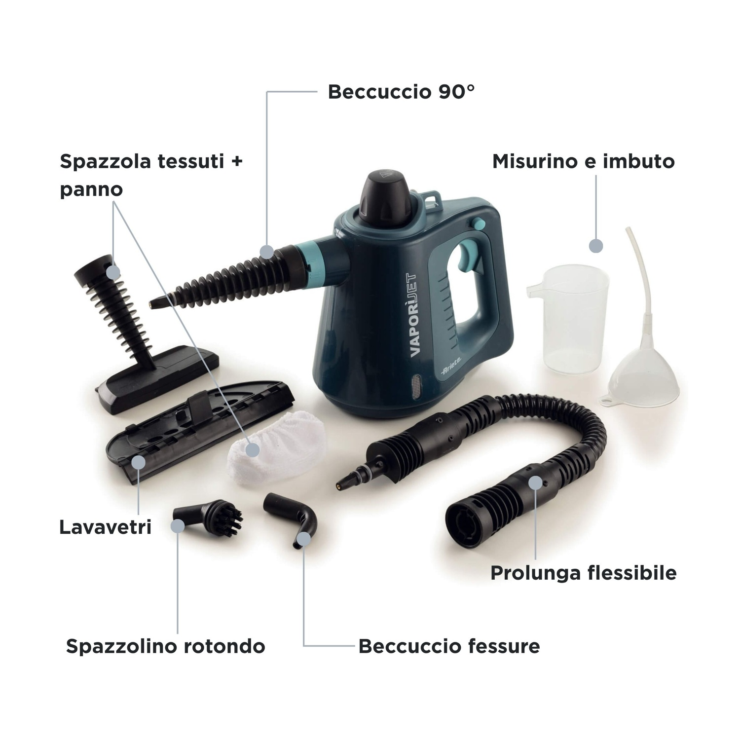 Un pulitore a vapore con vari accessori: spazzola, ugello, panno, misurino, imbuto ed estensione flessibile. Etichettato in italiano.