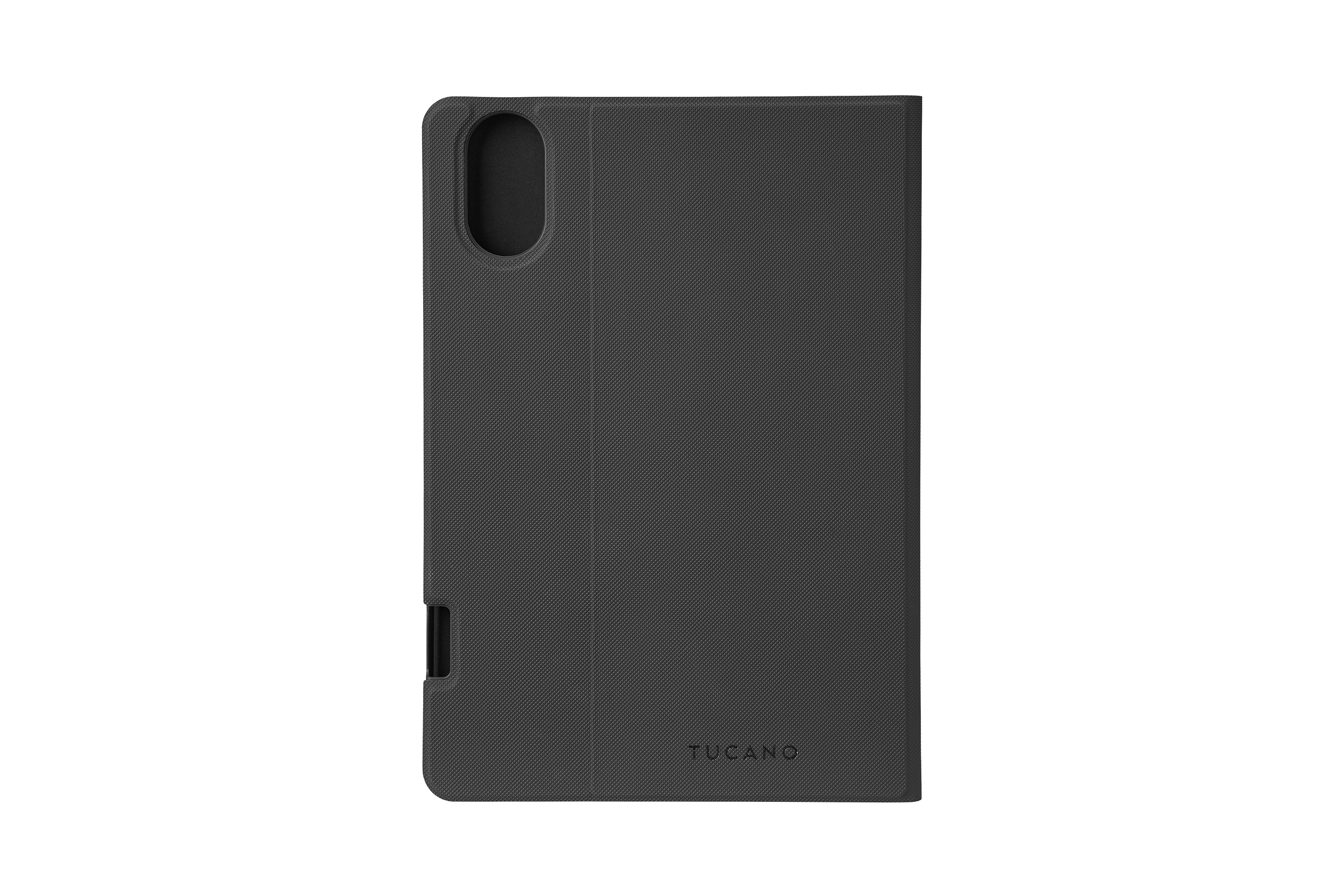 Schwarze Tablet-Hülle auf weißem Hintergrund. Die Hülle hat eine strukturierte Oberfläche und eine Kameraöffnung.