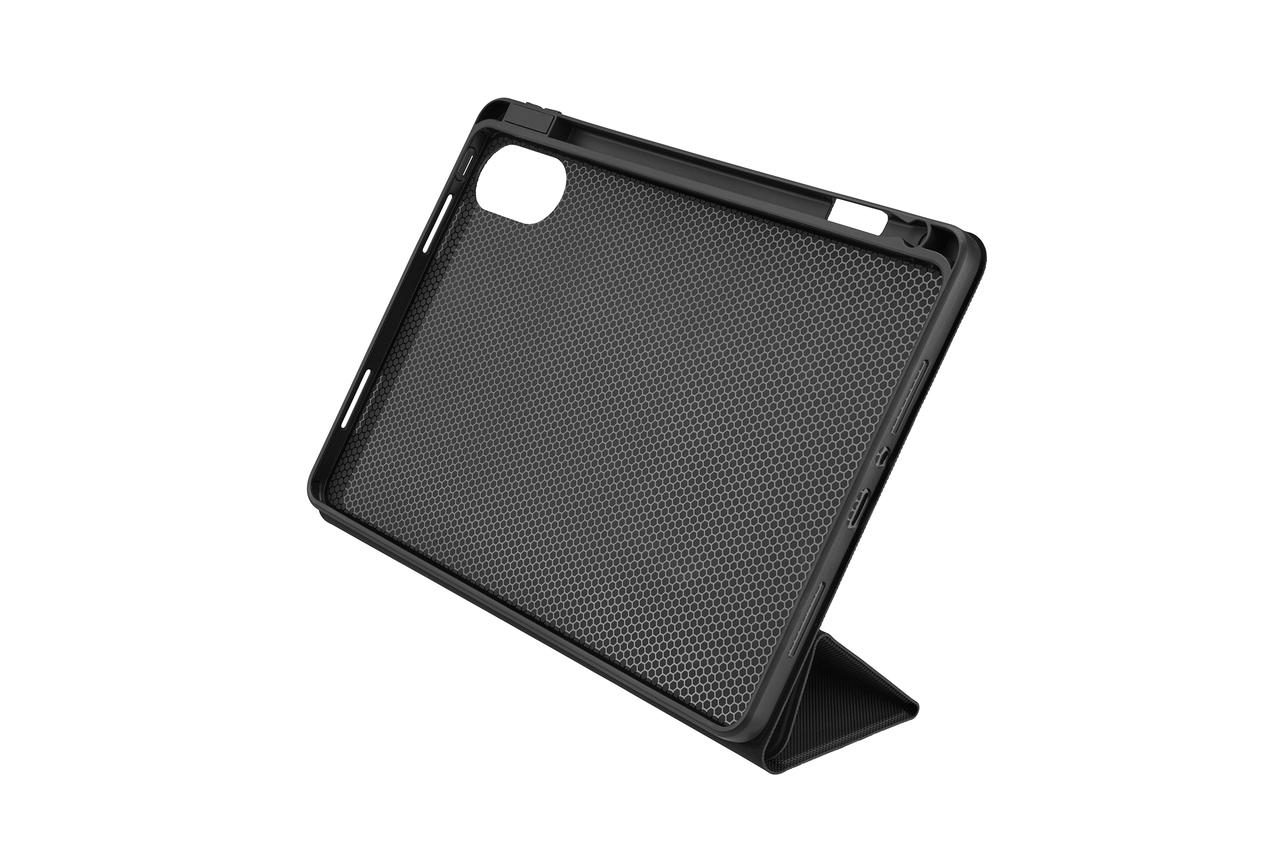 Eine schwarze Tablethülle mit Wabenmuster steht vor weißem Hintergrund.