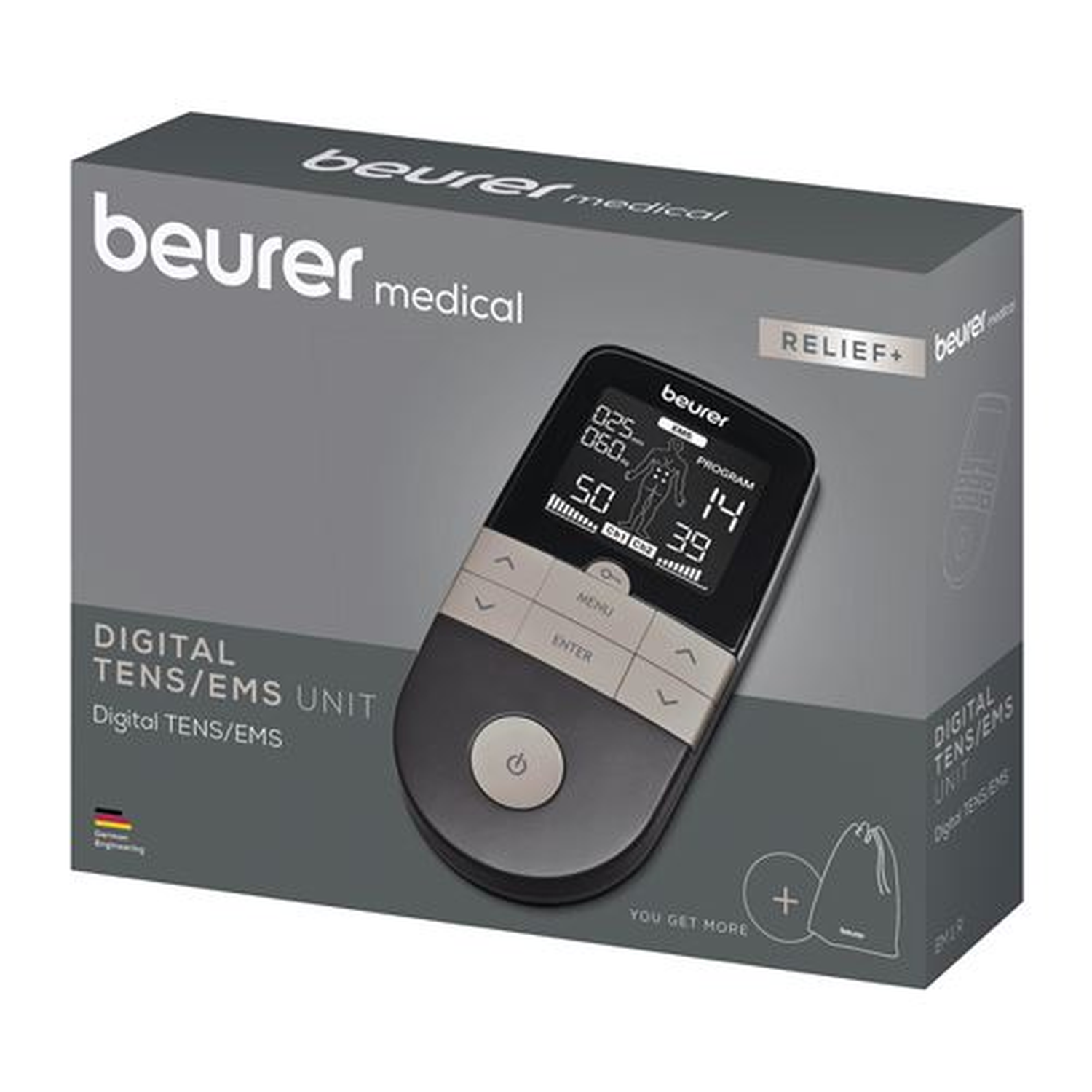 A gray box with a digital TENS/EMS unit. The unit is black and gray with a screen and buttons. The box says 'beurer medical'.